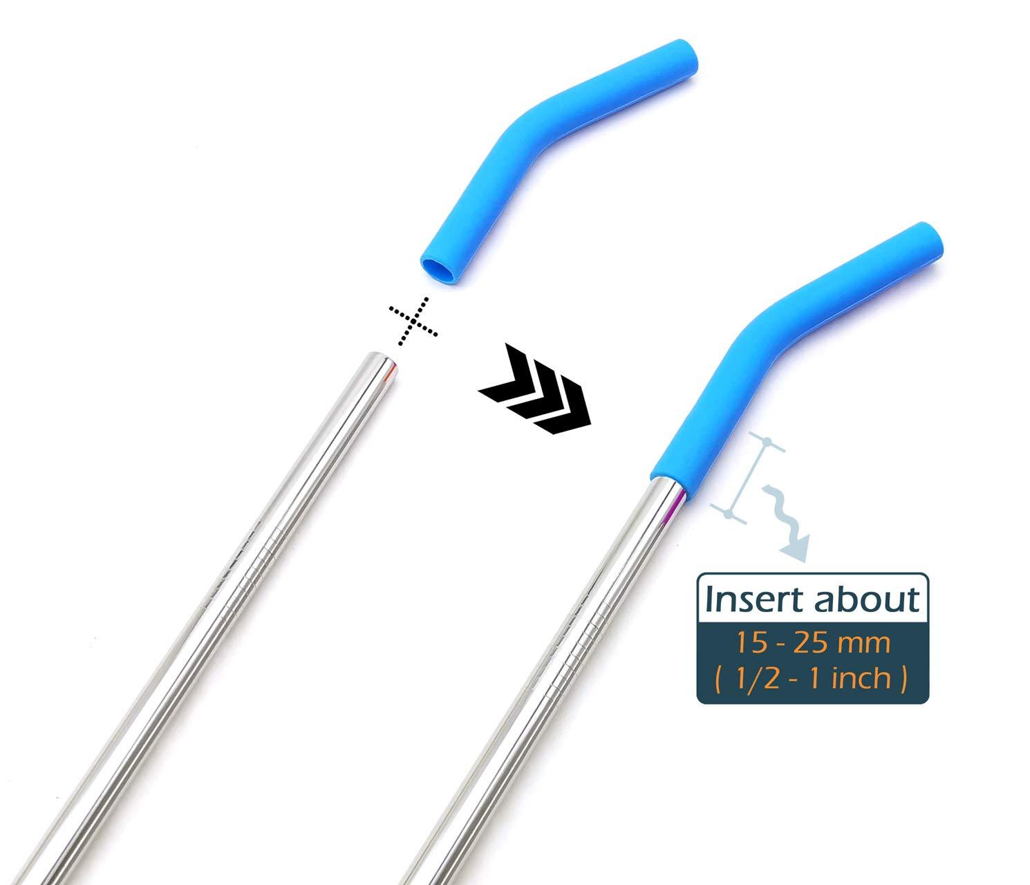 GFDesign Big Drinking Straws Reusable 14.5\" Extra Long 8mm Extra Wide Food-Grade 18/8 Stainless Steel Silicone Elbows Tips for Smoothie Milkshake Cocktail Juice Hot Drinks - Set of 4 + 2 Cleaning Brushes