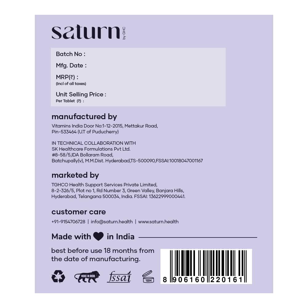 Saturn by GHC Saturn by GHC Skin Biotin - 100% Vegan, 60 Tablets (Pack of 1)| Promotes Skin Elasticity, Skin Brightening & Glowing Skin, Reduces Skin Dullness, Powered With Vitamin B7, Vitamin C and Vitamin E