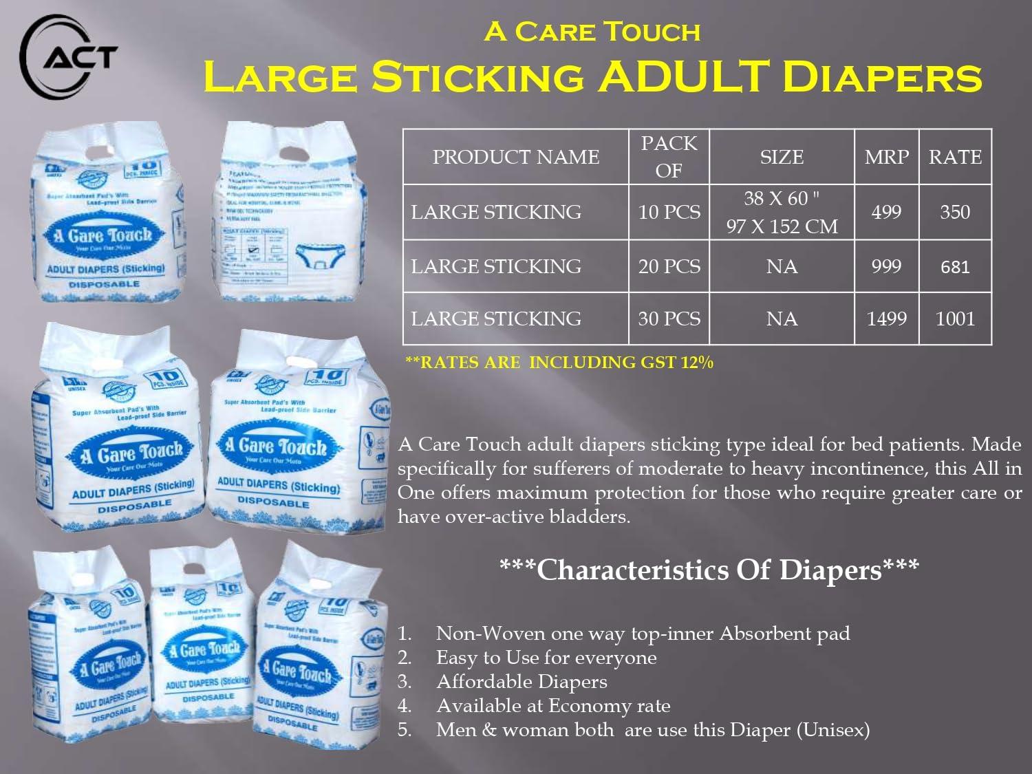 A Care Touch A Care Touch Adult Diapers for Men & Women StickingSuper Absorbent, Soft & Comfortable Incontinence Briefs  Leakproof, Adjustable Waist, Skin-Friendly, 10 pieces in 1 pack, Ideal for Overnight Protection, Large Size (Pack of 3))