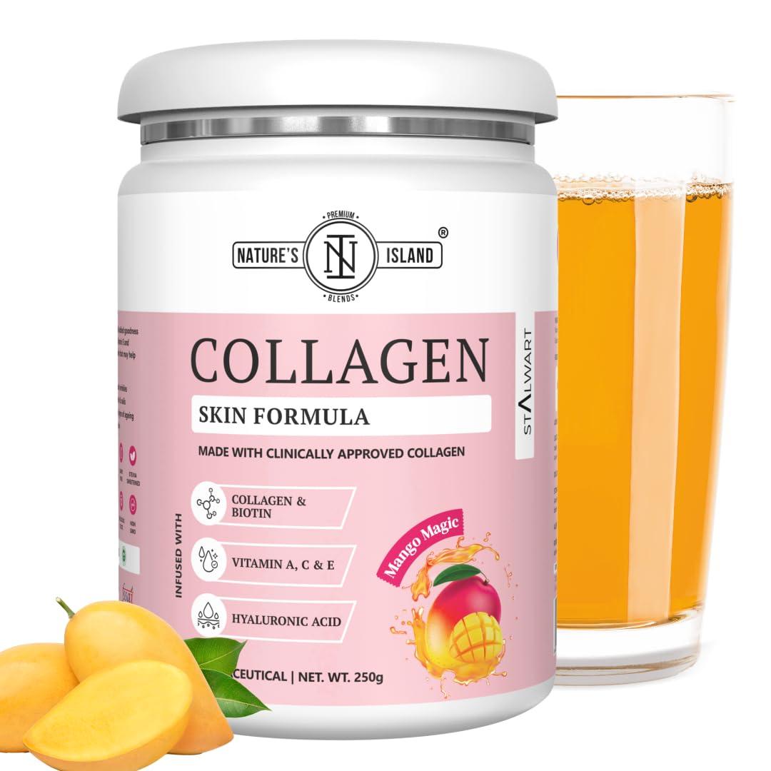 Nature's Island Nature's Island Skin Glow Collagen Powder (Mango, 250g) , Marine Collagen Supplements for Women & Men With Biotin, Vitamin A, C, E, Hyaluronic Acid, for Glowing Skin, Anti Ageing, Firmness, Elasticity, Healthy Hair and Nails.