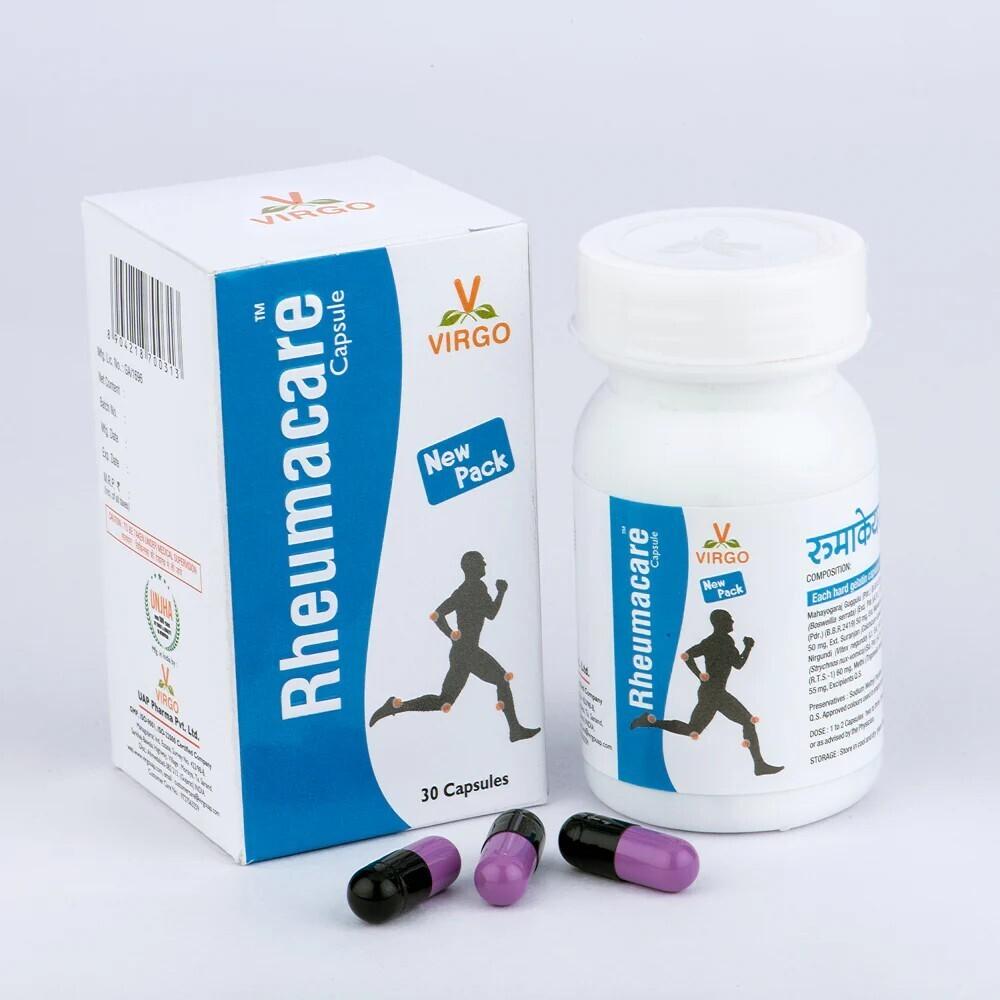 Rheumacare Capsules - Recalled Product Image showing white cardboard box, white plastic bottle, and capsules