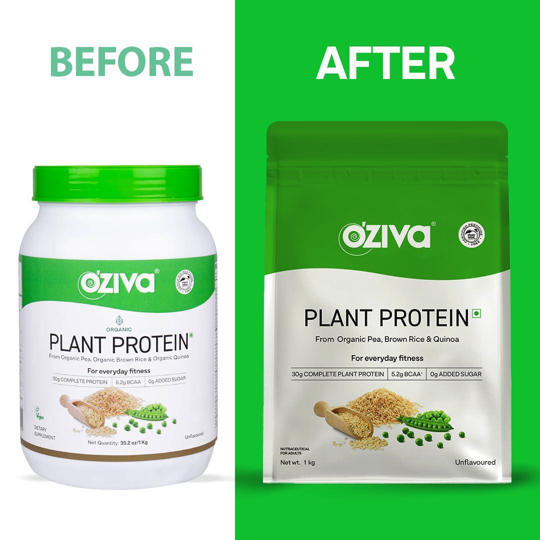 OZiva OZiva Organic Plant Protein for Everyday Fitness | 30g Protein - Pea Isolate | Complete Plant Protein Powder for Men & Women | No Added Sugar, Certified Clean & Vegan (Unflavoured, 1kg + shaker)