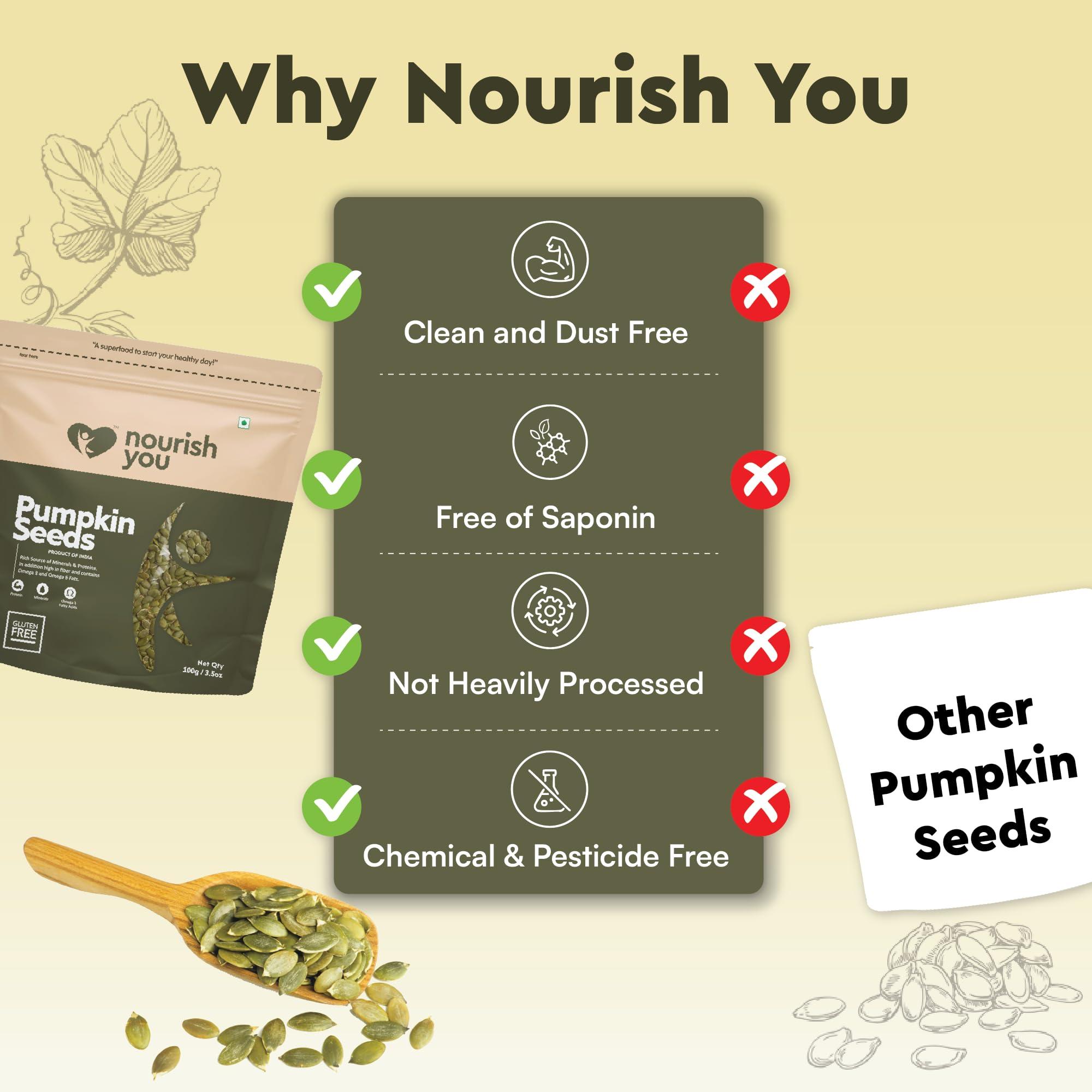 NOURISH YOU Nourish You Organic Pumpkin Seeds 100 gm (Each) | Raw Pumpkin Seeds Protein and Fiber Rich Superfood | Healthy Snack Immunity Booster (Pack of 3)