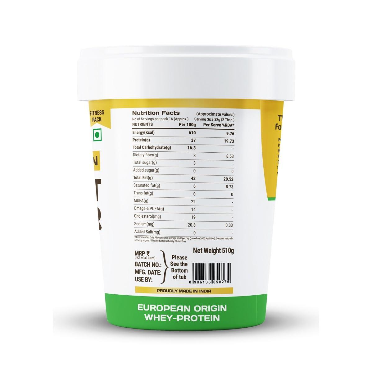 Pintola Pintola High Protein All Natural Peanut Butter | Unsweetened | 37% Protein | Imported Whey Protein and Roasted Peanuts (Creamy, 510g)