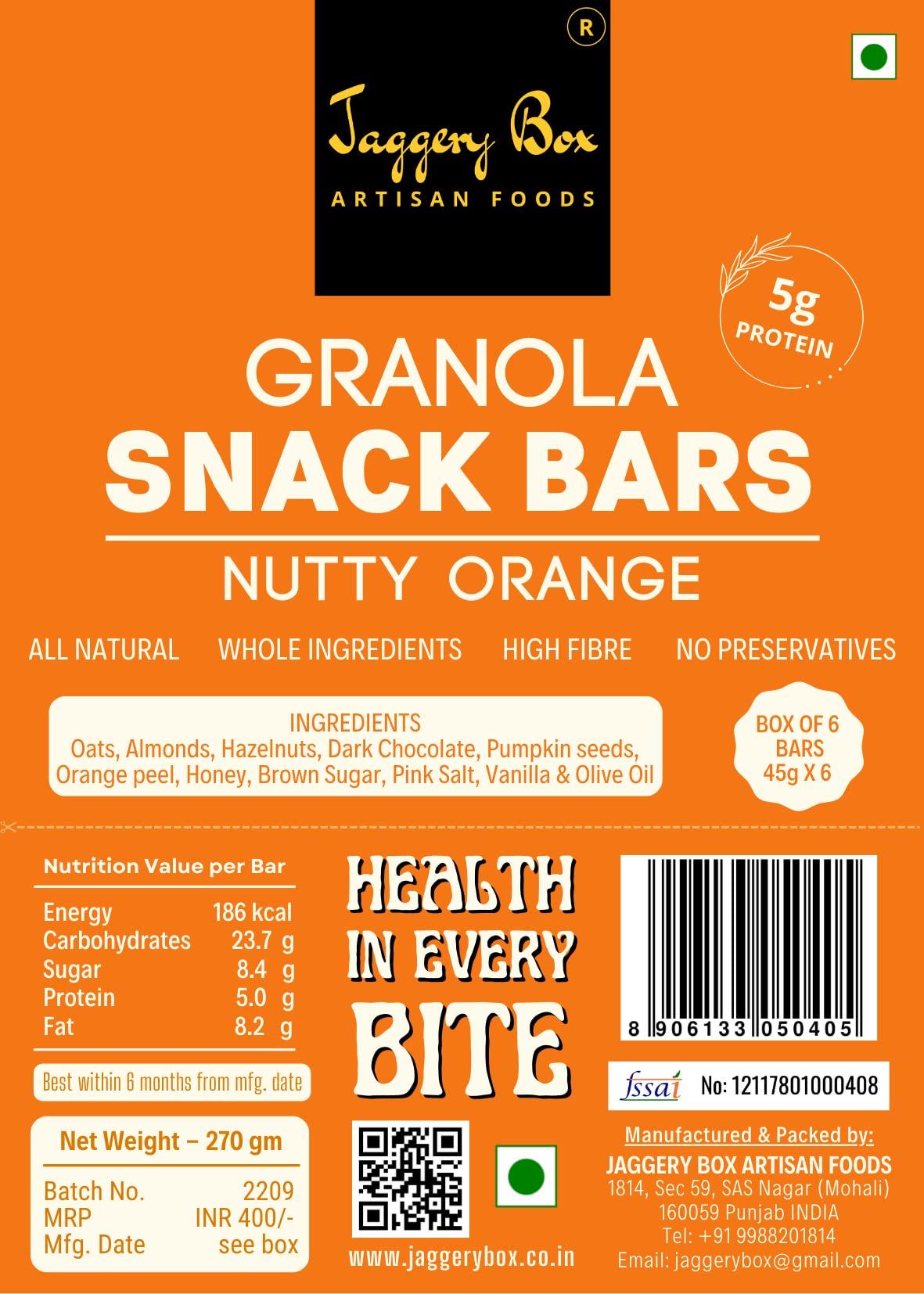 JAGGERY BOX Jaggery Box Nutty Orange Granola Snack Bar | All Natural with Wholegrains & Honey | No Preservatives & Artificial Flavours | 270g, Pack of 6 Bars