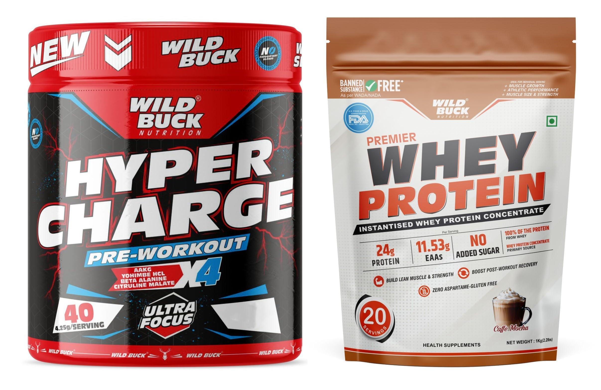 WILD BUCK WILD BUCK Hyper Charge Pre-X4 Hardcore Pre-Workout Supplement Powder with Creatine Monohydrate, Arginine AAKG, Beta-Alanine, Caffeinated Punch -For Men & Women [40 Serv, Cranberry Blast] + Wild Buck Whey 100% Whey Protein - 24g Protein Isolate & Conc