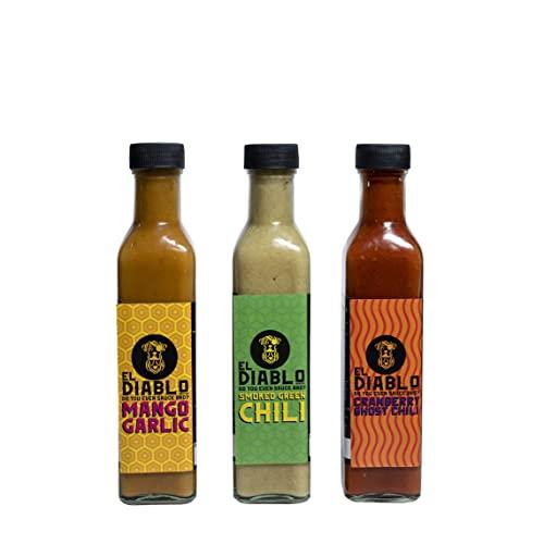 El Diablo Sauces All Natural Ingredient Gluten Free Spicy Hot Starter Sauces Combo Mango Garlic + Smoked Green Chili + Cranberry Ghost Chili Pack of 3
