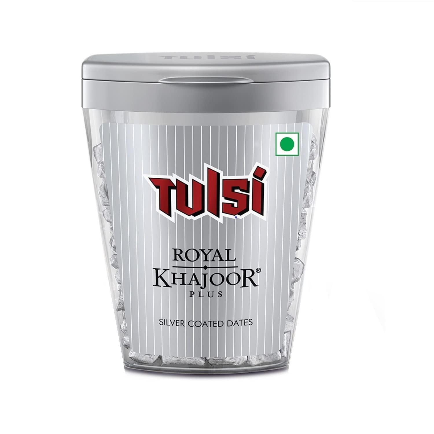 Dharampal Satyapal Foods Limited Tulsi Royal Khajoor Plus | Pack of 6 (30g x 6) | Silver Coated Khajoor | Dates| Mint Mouthfreshner Jar | Flip Top Pack