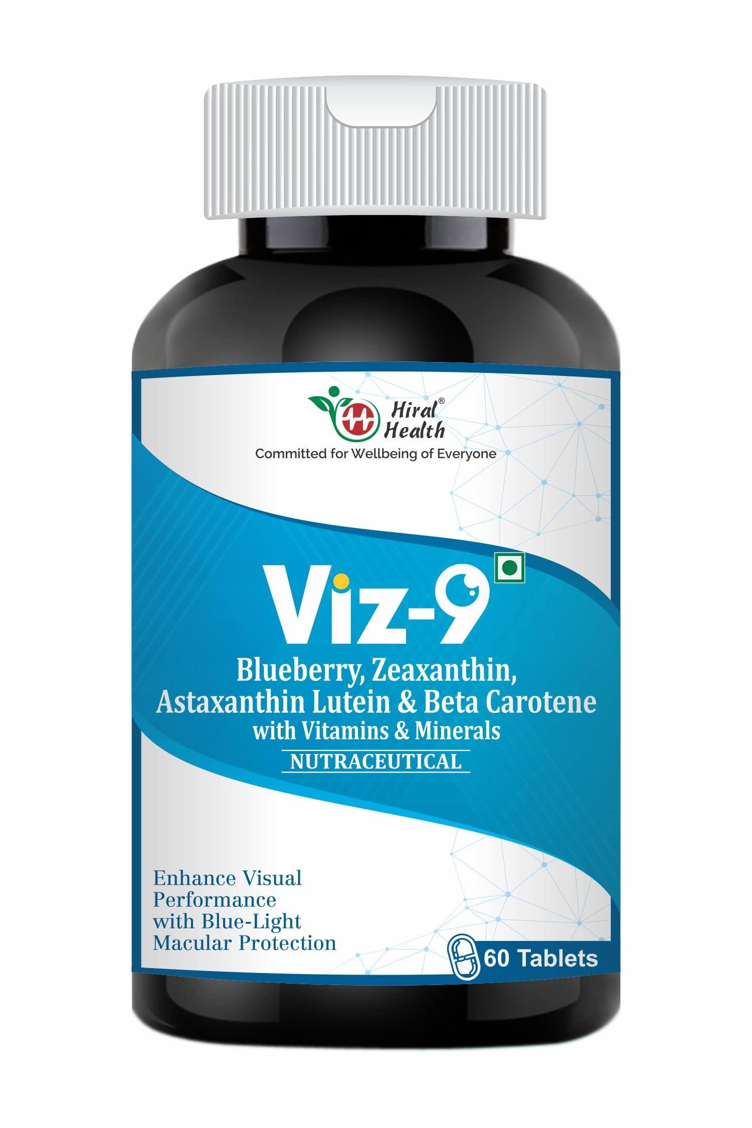 Hiral Health Hiral Health\'s Viz-9 Tablets: Advanced Eye Vitamin with Lutein, Zeaxanthin, Astaxanthin, and Vitamin A eye supplements to improve vision, Protect from Blue Light and UV Rays (60 Tabs)