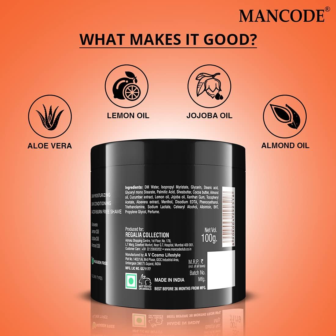 MAN CODE Mancode Pre-Shave Balm for Men | 100gm | Balm Softens your Beard | Provides Razor Glide for a Smooth Zesty Shave | Apply to Prevent Shaving Irritation and Razor Burns | Cut & Irritation Free Shave.