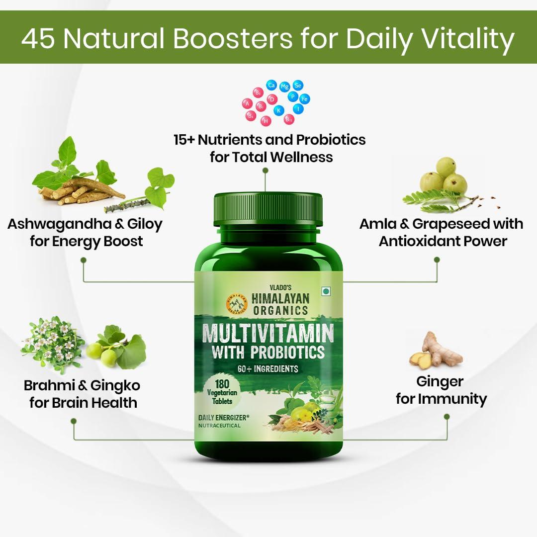HIMALAYAN ORGANICS Himalayan Organics Multivitamin for Men & Women with 40 Ingredients - 180 Tablets - with Probiotics