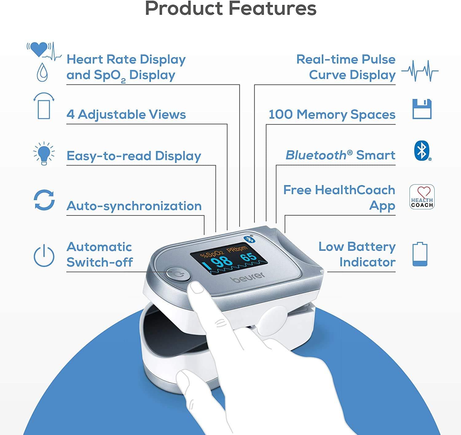 Beurer Beurer PO60 Pulse Oximeter with Bluetooth and Health Manager App, 3 Years Warranty