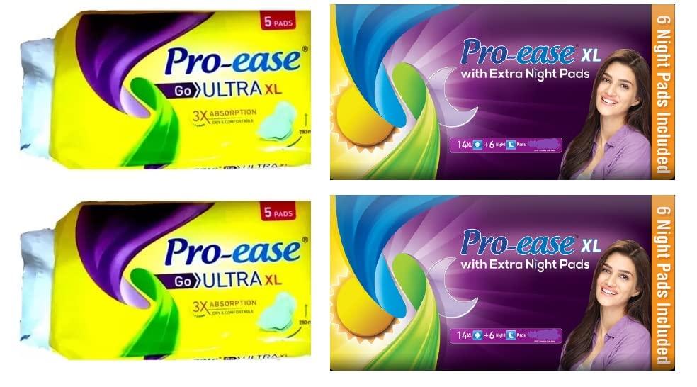 Generic Pro-ease GO ULTRA XL 5+5 PADS YELLOW + Pro-ease XL with Extra Night 20+20 pads PACK OF 4