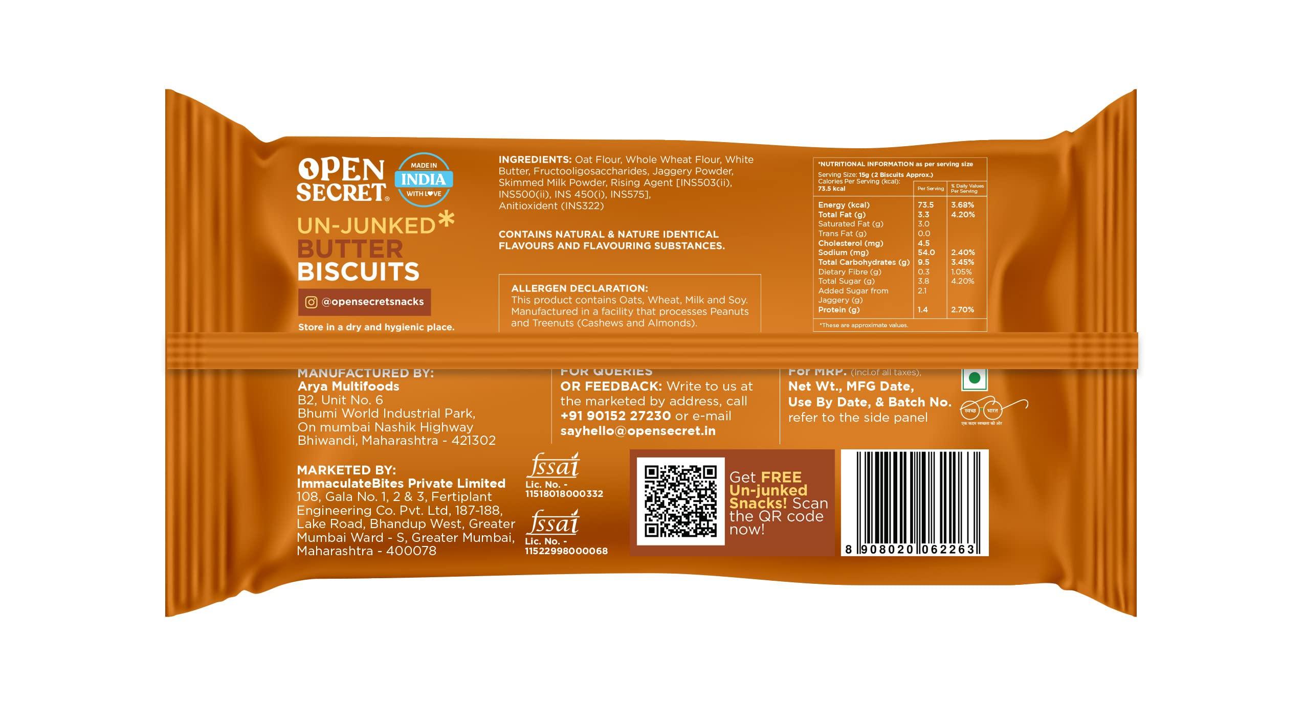 Open Secret Open Secret Butter Biscuit Cookies | Protein & Fiber Packed | Healthy Snacks | No Added Maida No Refined Sugar No Palm Oil | Unjunked Biscuit | 40G - Pack of 6