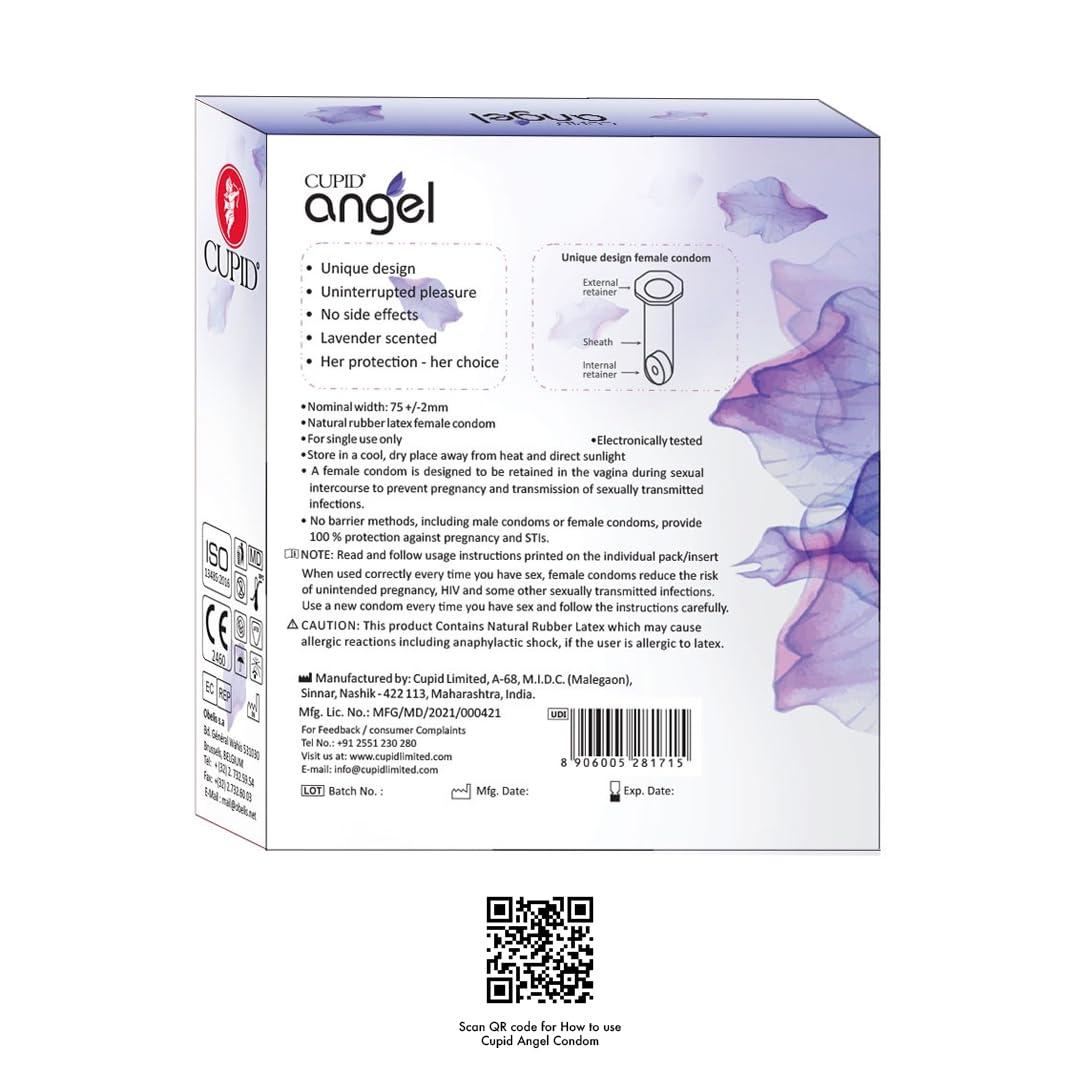 Cupid Limited Cupid Angel Female Condoms 2N (Pack of 3) | Unique Design | Uninterrupted Pleasure | No Side Effects | Lavender Scented | Her Protection - Her Choice