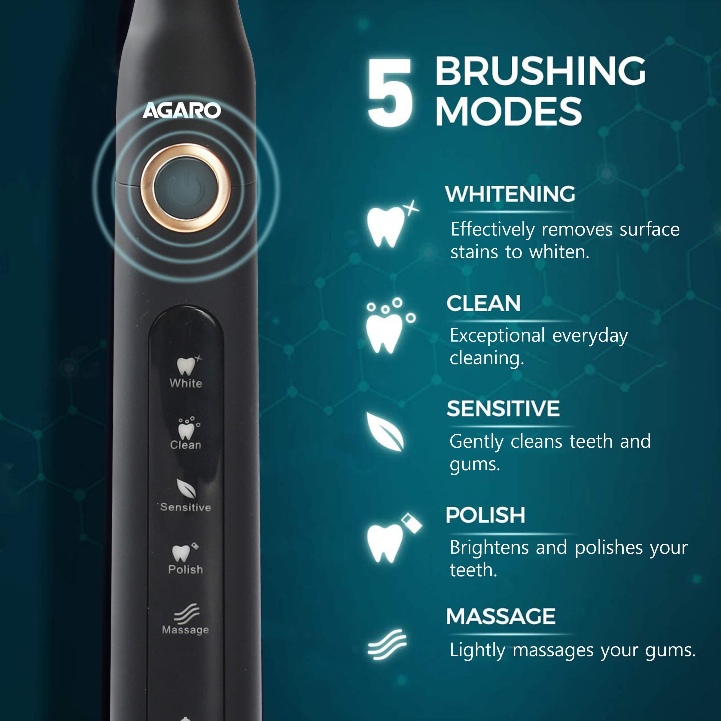 AGARO AGARO REX Sonic Electric Kids Toothbrush with 3 Brushing Modes & Rechargeable Battery(Purple) & AGARO COSMIC PLUS Sonic Electric Tooth Brush For Adults With 5 Modes, 5 Brush Heads (Black)