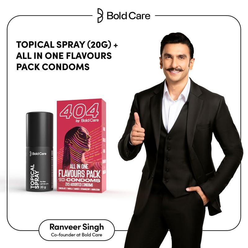 Bold Care Bold Care Topical Non-Transferable Spray for Men (Pack of 1) + Bold Care 404 All-In-One Multi-Flavour Condoms Pack - 2 x 5 Assorted condoms in each pack - (Pack of 10) - Combo
