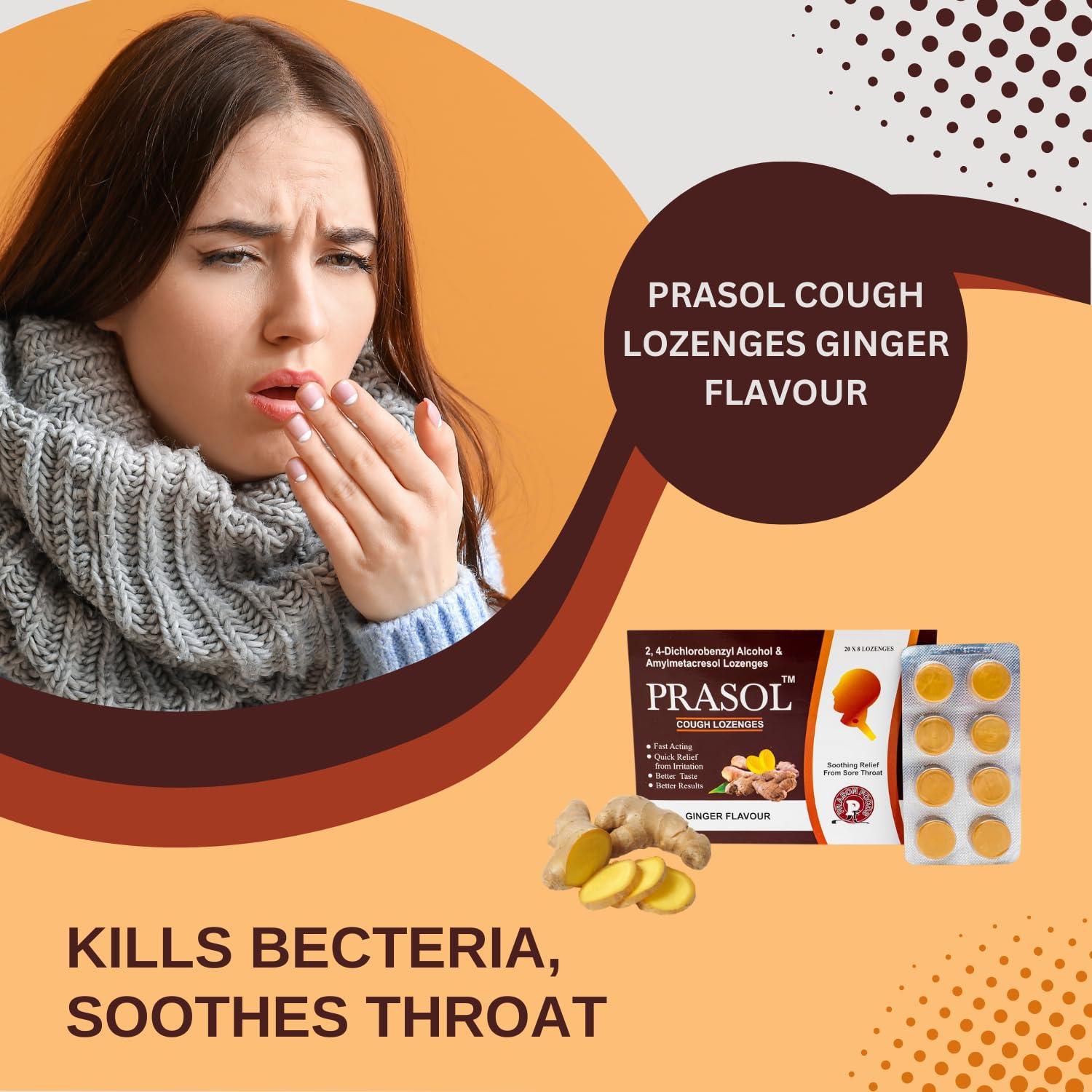 Prasol PRASOL Cough Lozenges (160 Lozenges) | Ginger Flavour | Quick Relief from Sore Throat, Itchy and Scratchy Throat (8 X 20 Strips)