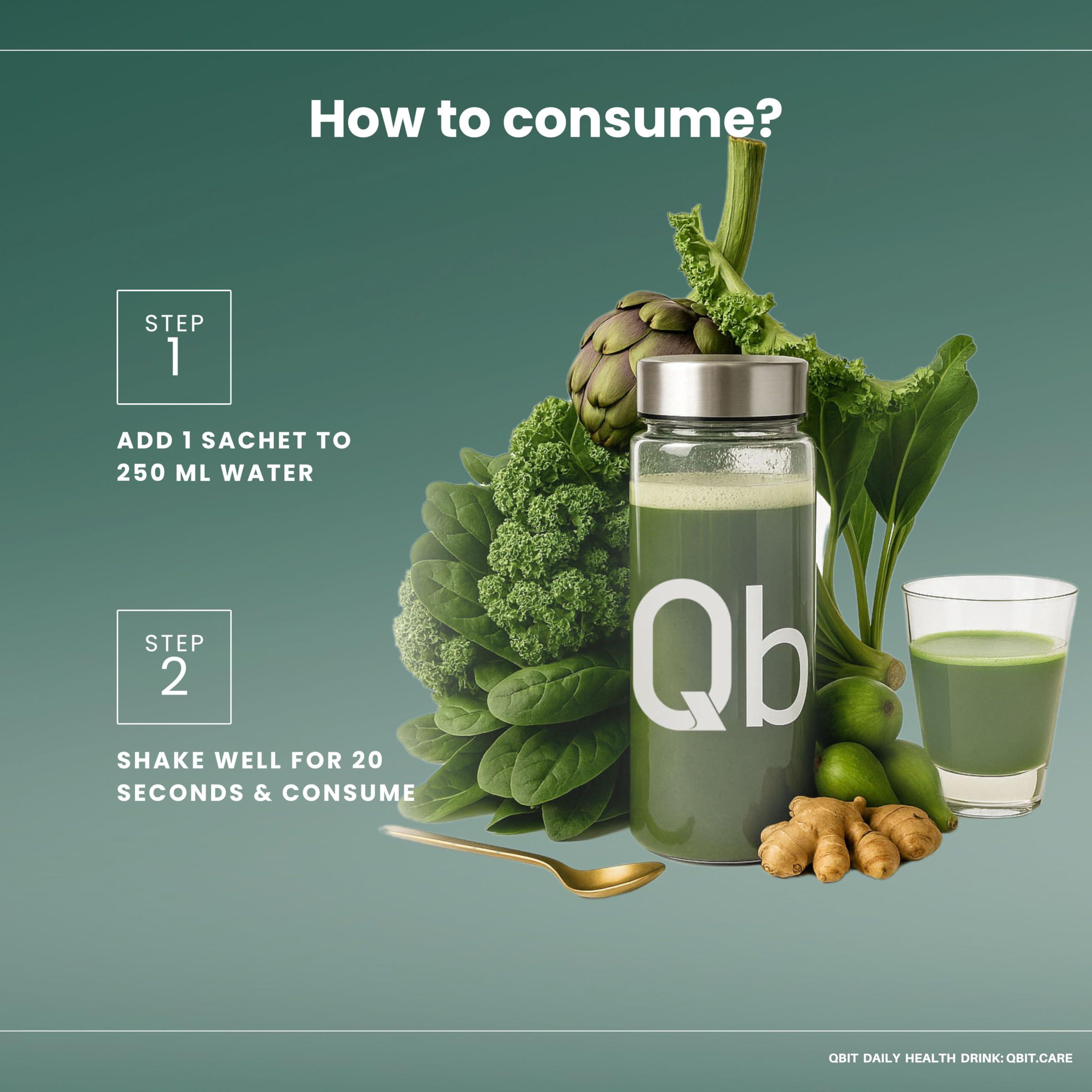 QBIT Qbit Gut Health Supplements Drink | Prebiotics | Probiotics | Plant Based | Daily Nutrition for Women and Men | Support Gut Health, Constipation, Digestion, Immunity | No Preservatives, No Color, Zero Sugar (15 Days Servings Sachets)