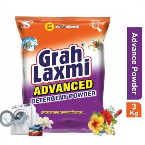 Grah Laxmi Grah Laxmi Advance Detergent Powder 3Kg Hand Wash & Top Load Machine | Remove 2X Tough Stains, Dirt & Malodour Washes | No-Bleach Mula | All Types Of Fabrics| Long Lasting Fragrance