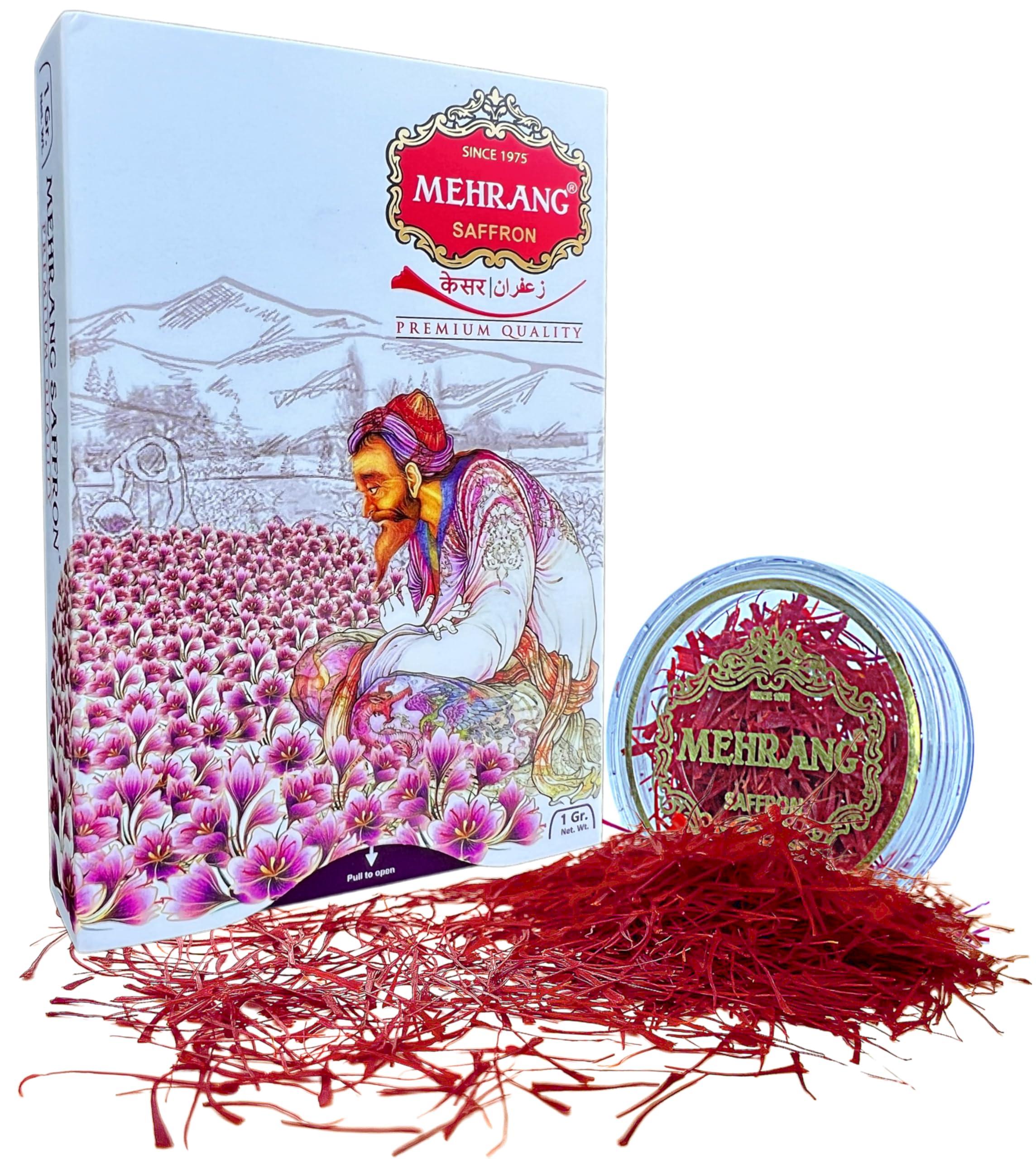 Mehrang Mehrang Saffron Original Kashmiri 1 Gram | Kashmir Kesar | Keshar | A+++ Grade Luxury Quality | Grown in Saffron Farms of Pampore | ISO 9001:2015, 22000-2018, HACCP, GMP Certified | Pack of 1