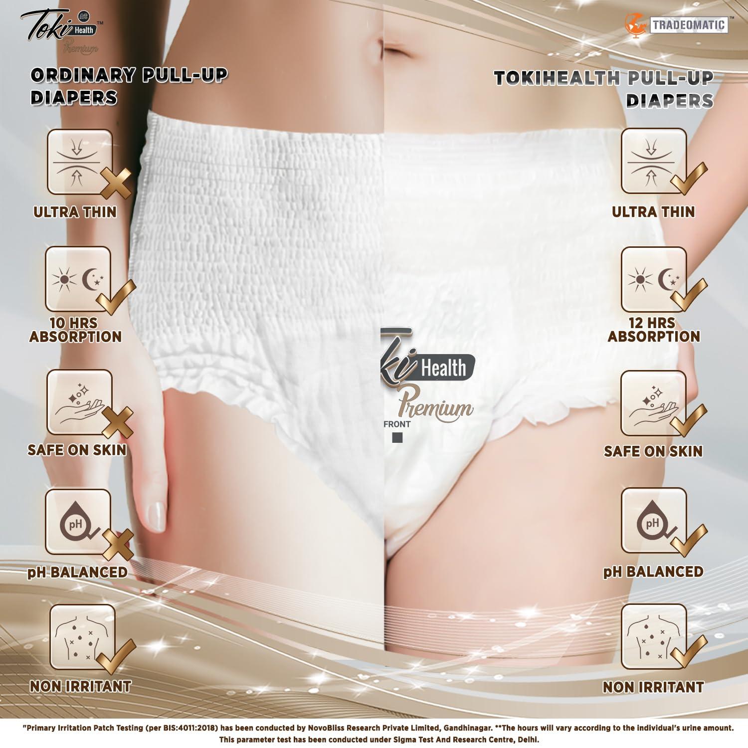 TokiBaby TokiHealth Ultra Thin Premium Adult Diapers Pants Pull Up Style | Large (L) - Waist Size 30 to 39 inches (75-100cm) | Up to 12 Hours Overnight Absorption Protection | Unisex | 10 Counts