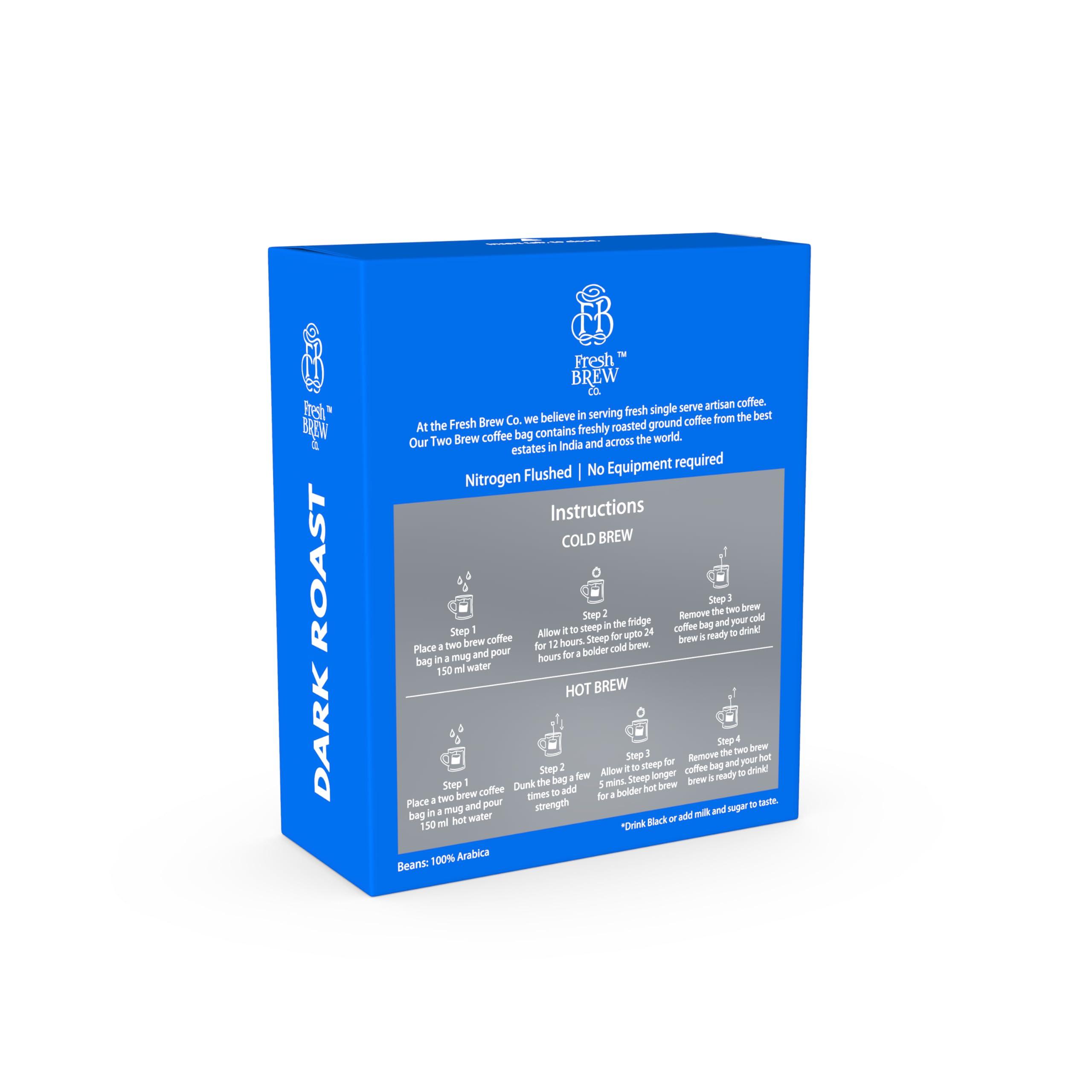 Fresh Brew Co. Two Brew Coffee | Cold Brew & Hot Brew | Dark Roast | Intensity 8 ( No equipment required | Just add water ) (20, Coffee Bags)