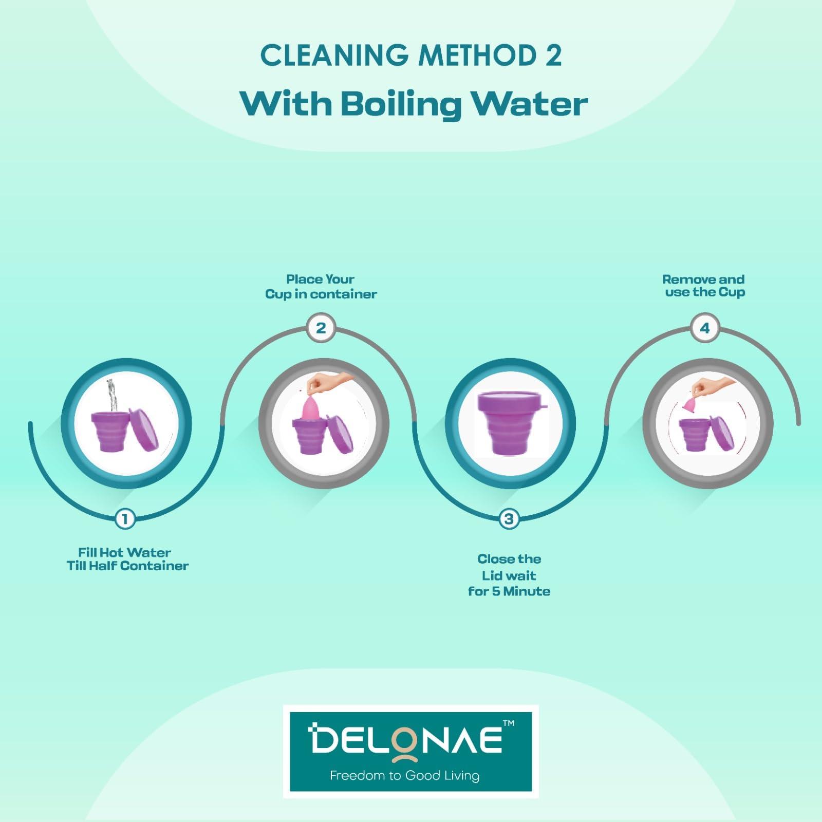 Delonae Delonae Reusable Menstrual Cup- Small Size Orange colour -100% Medical Grade Siicone - Bpa Free-Leak Free-Up To 12 Hours Protection And Delonae Foldable / Collapsible, Reusable Menstrual Cup Sterilizing Container - Microwave- friendly- completely sa