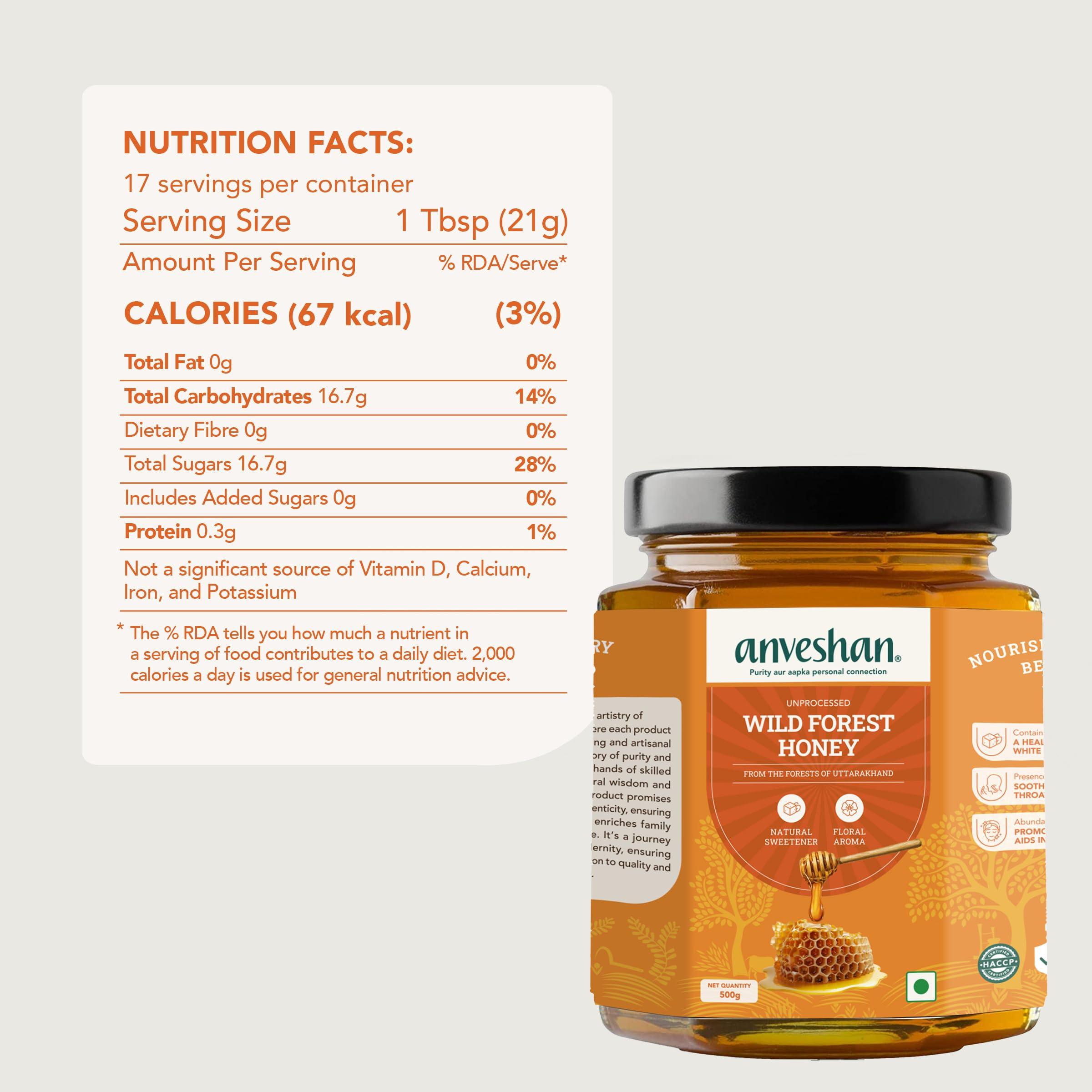 Anveshan Empowering farmers with technology Anveshan Wild Forest Honey 500g | Glass Jar | NMR tested | Raw & Unprocessed | No Added Sugar | Immunity Boosting