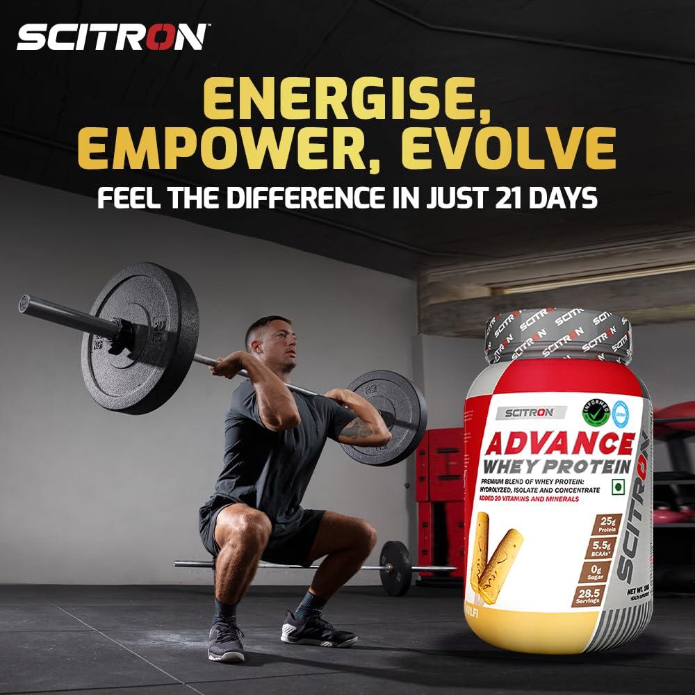 SCITRON Scitron Advance Whey Protein 1Kg Kulfi (28.5 Servings, 25.5g Protein, 5g BCAAs, 0g Sugar, 20 Vitamins & Minerals) Certified by Labdoor,USA | Sourced from Glanbia Nutrition | Certified by Informed Choice