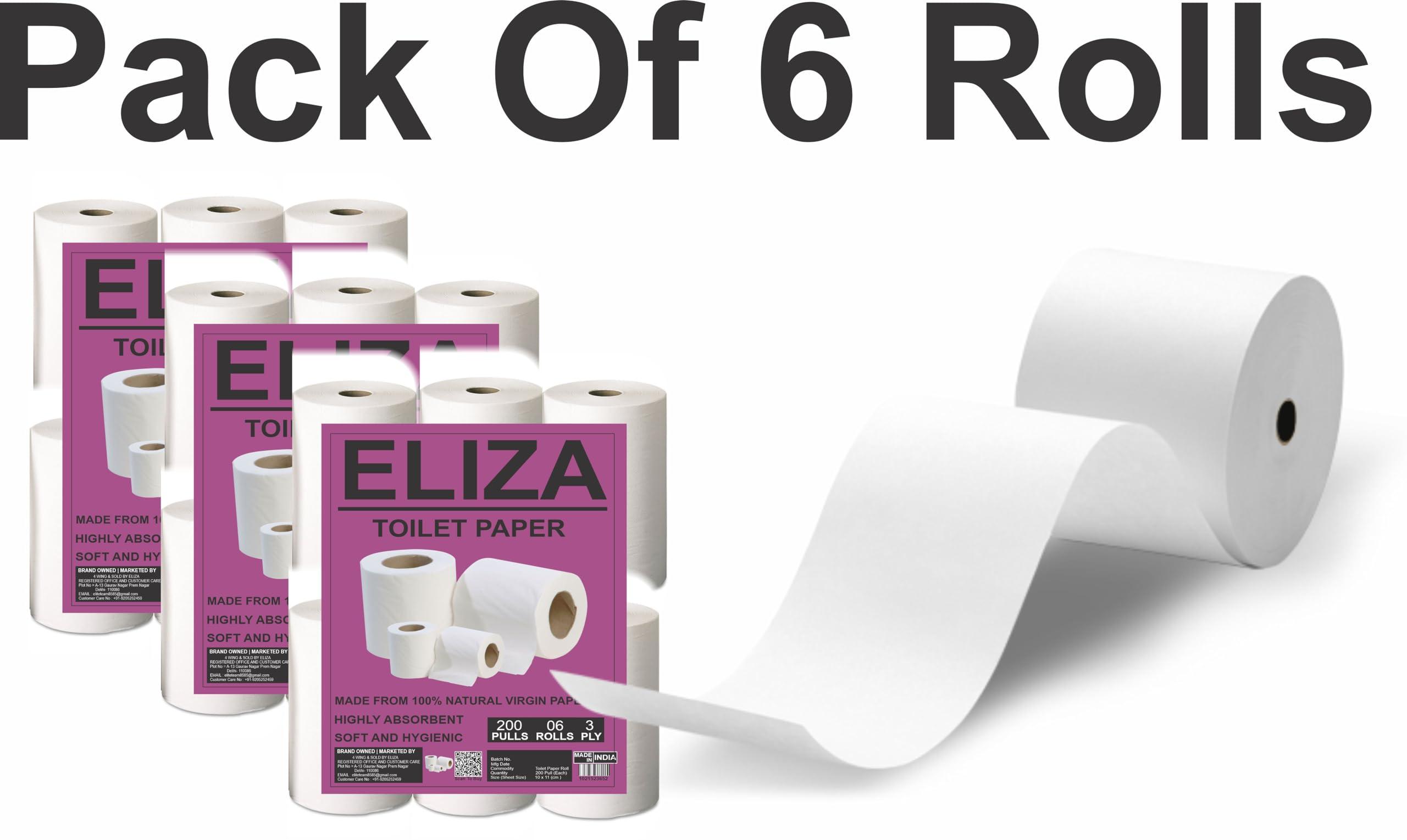 ELIZA Eliza Premium 3 Ply Toilet Disposable Roll Pack of 6, Toilet Paper, Toilet & Tissue Roll, Pack of Six Toilet Tissue Paper Rolls 200 Pulls Each- 9.8 x 10 cm