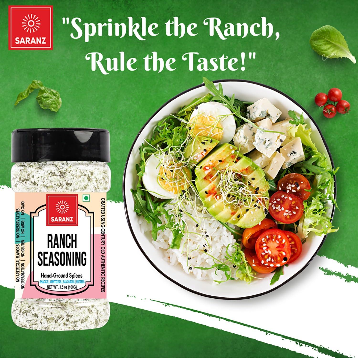 SARANZ SARANZ Ranch Mix Exotic Seasoning Perfect for Snacks, Appetizers, Savouries|Ranch Mix Seasoning with Fresh Ingredients For Dressing | Aromatic and Flavoured Vegan Seasonings |Used Ranch Mix Seasoning in Sauces, Marinades, Dressing, Snacks-100 Grams S