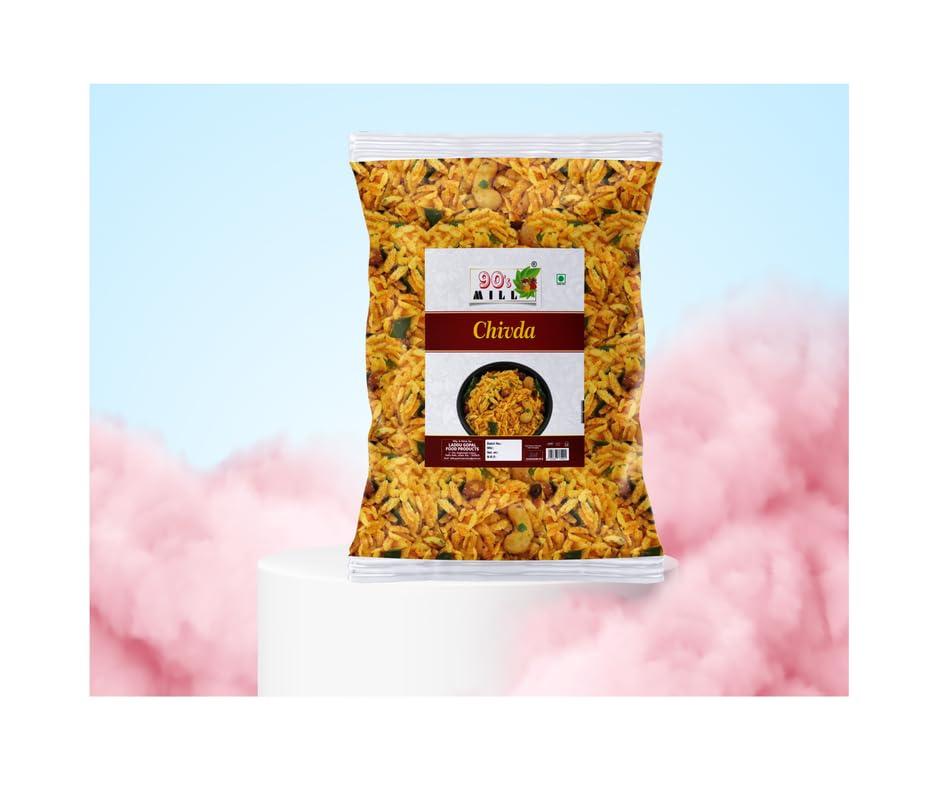 90\'s MILL 90\'s MILL Authentic Marathi Organic Chivda Namkeen | Badam Kaju Kishmish Peanut Chiwda | Chevda | Organic Namkeen | Healthy Indian Snacks | Crispy & Fresh Snack | No Preservatives-1Kg*2Pack