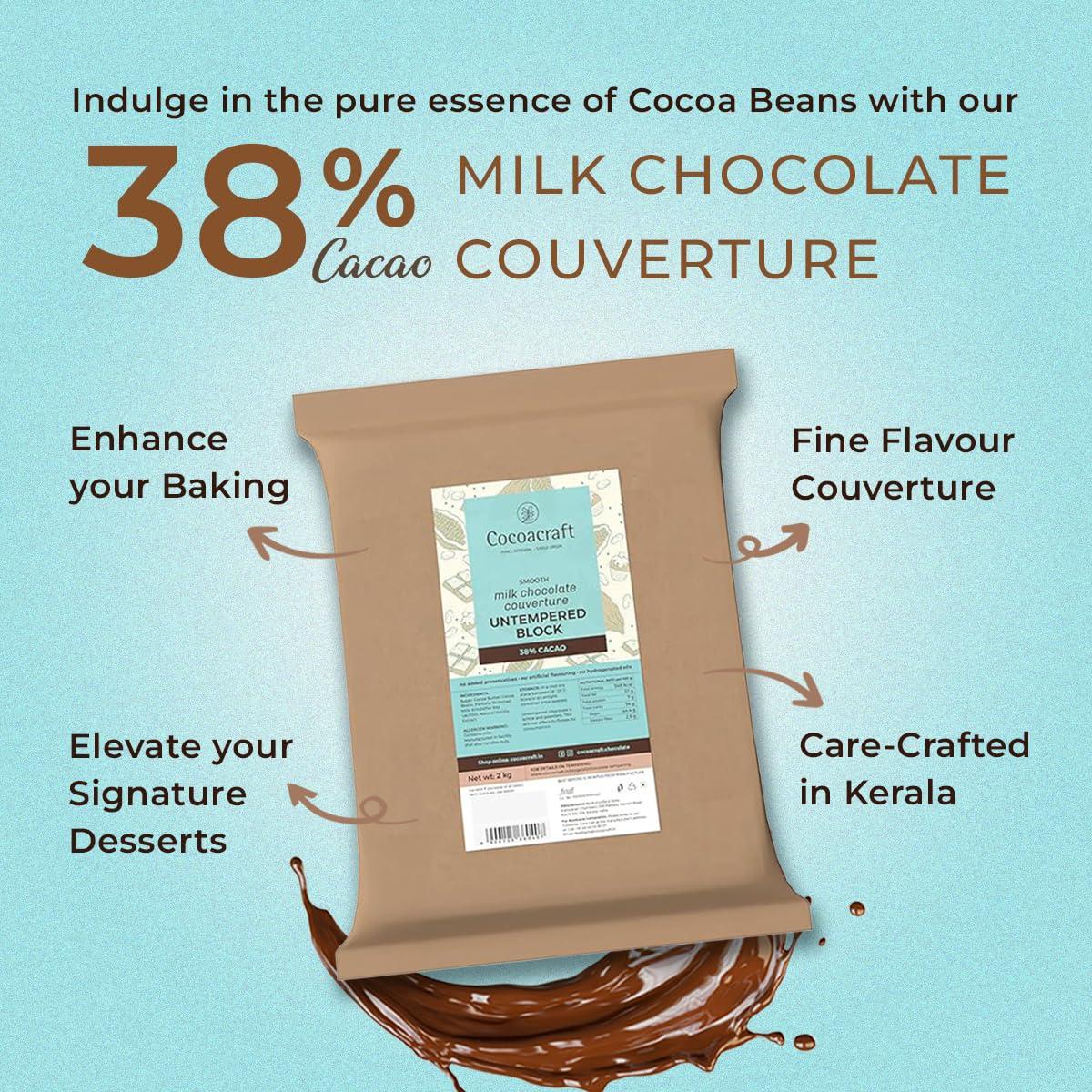 COCOACRAFT Cocoacraft 38% Milk Chocolate Couverture Un-tempered Slab (2KG) Chocolate Bar | 100% Natural | Handmade Artisinal Couverture Chocolate from Kerala | Used for baking and decoration