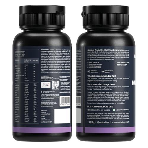 Nutrabay Nutrabay Pro Active Multivitamin for Women - 60 Tablets | Effective Doses of Iron, Vitamin A, B5, B6, C, D, E & K and Multiminerals | Immunity, Hair, Skin, & Bone Support
