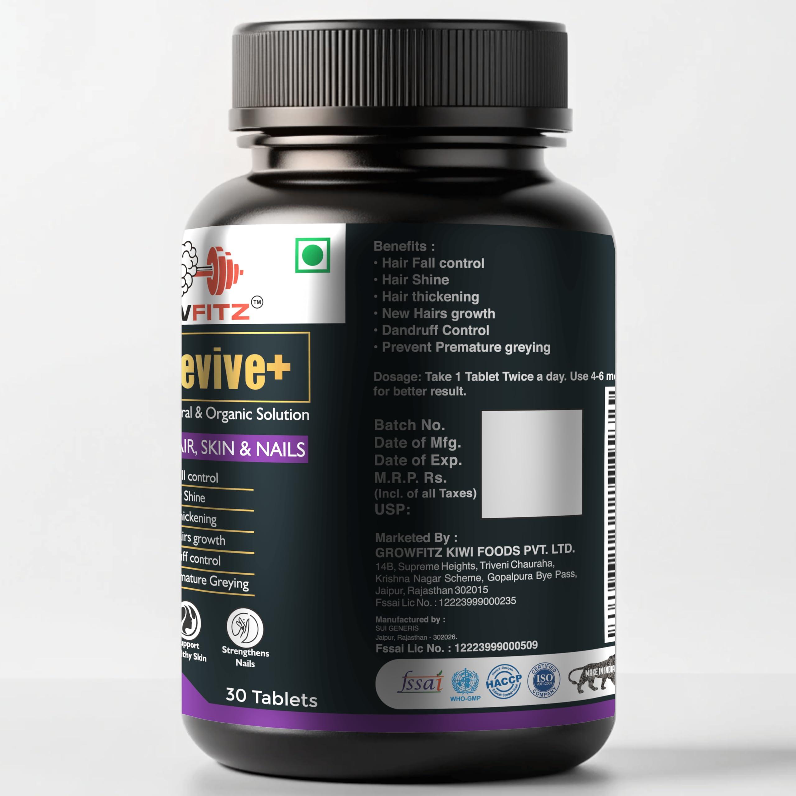 GROWFITZ Growfitz Hair Revive+ | Ayurvedic & 100% Natural | Hair Growth, Skin, Nails | For Men & Women - 30 veg tablets
