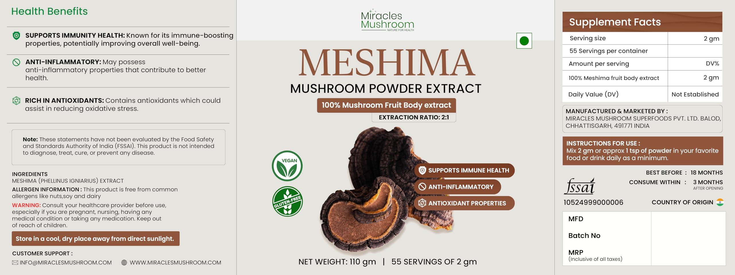 Miracles Mushroom Miracles Mushroom Meshima Mushroom Extract Powder,Immune Support, Anti-Inflammatory & Antioxidant, Strength 2:1, 55 Servings (110 gm)