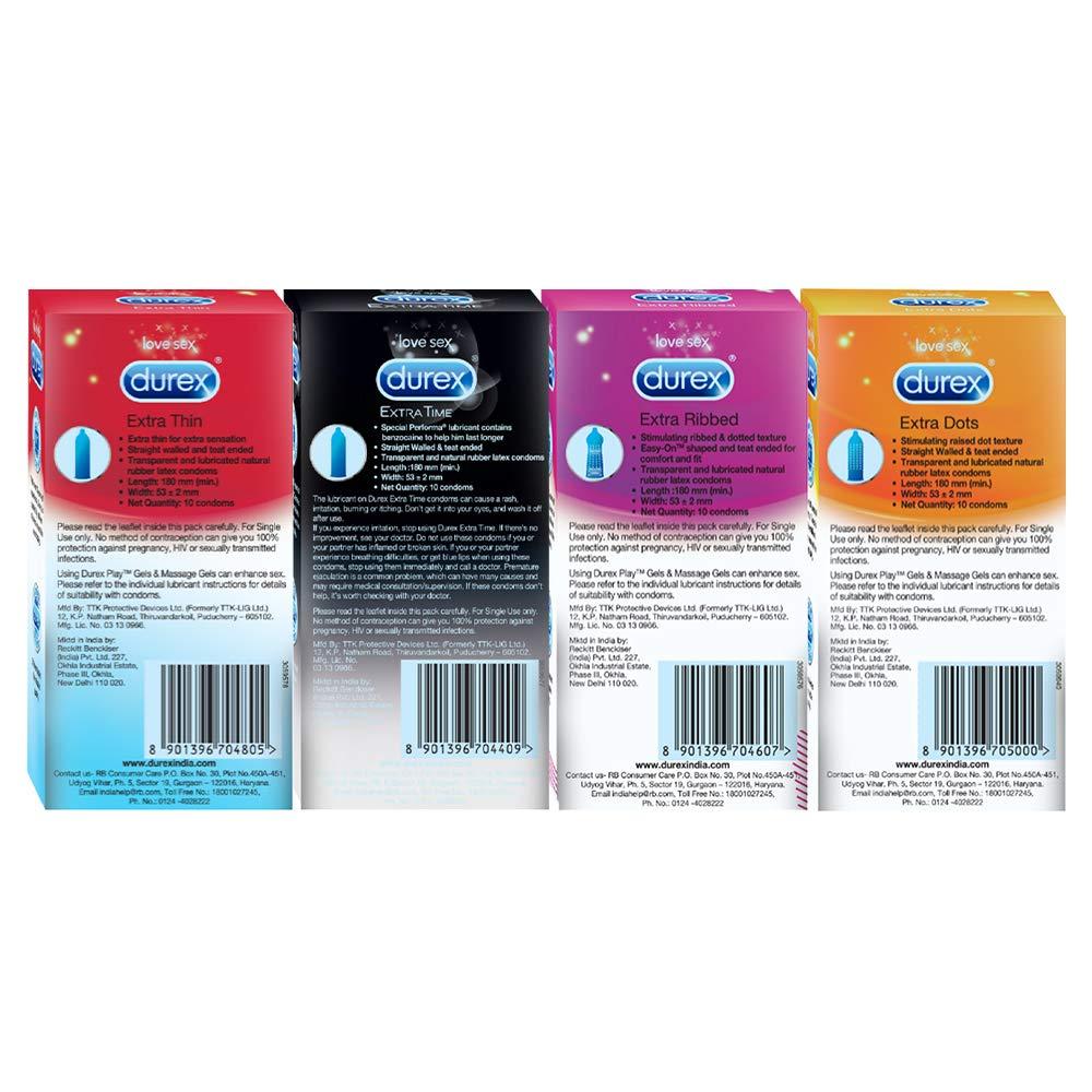 Durex Durex Pleasure Packs - 10 Count (Pack of 4, Extra Thin, Extra Time, Extra Dots, Extra Ribbed) & Durex Mutual Climax Condoms - 10 Count