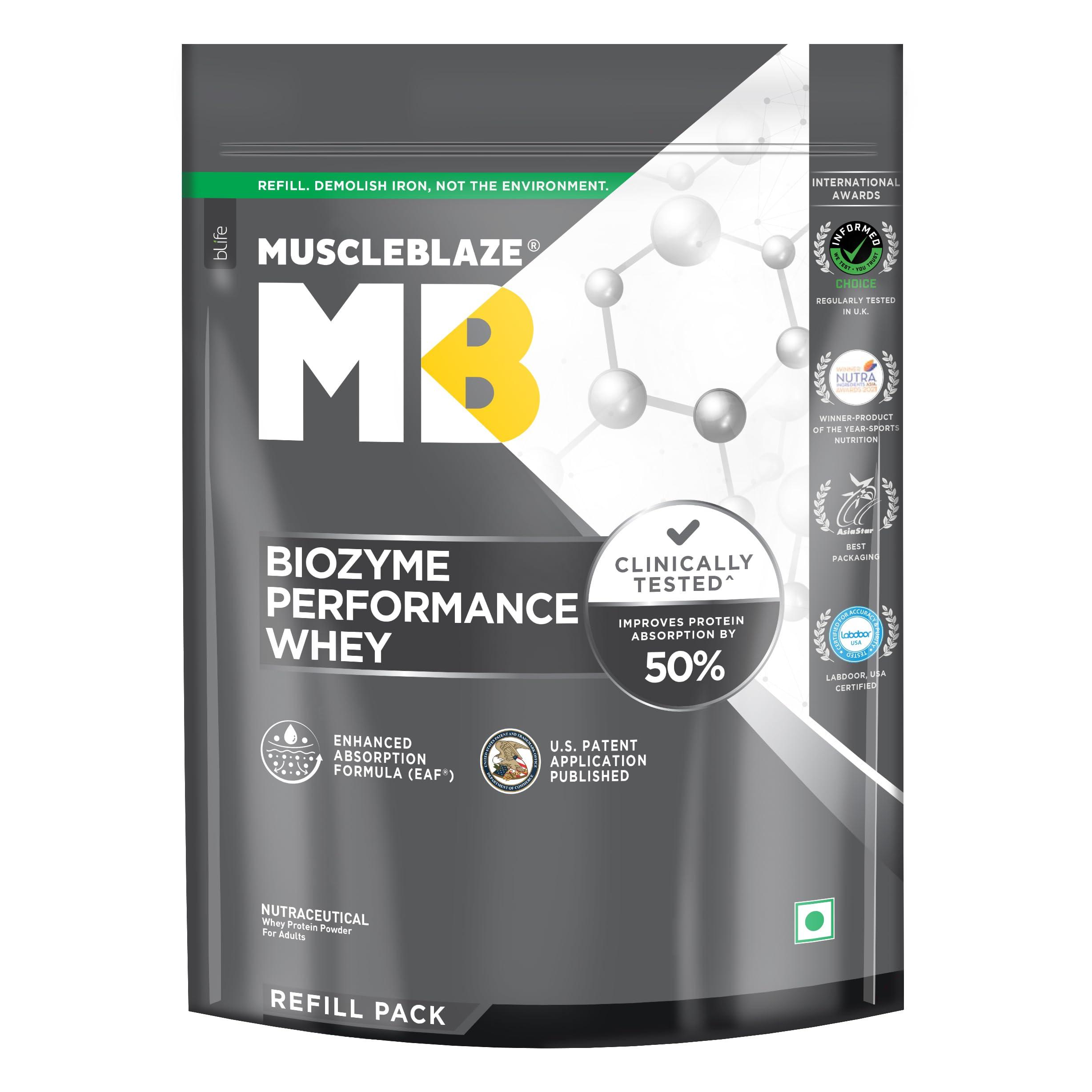 MuscleBlaze MuscleBlaze Biozyme Performance Whey Protein | Clinically Tested 50% Higher Protein Absorption | Informed Choice UK, Labdoor USA Certified & US Patent Filed EAF (Magical Mango, 1 kg Refill Pack)