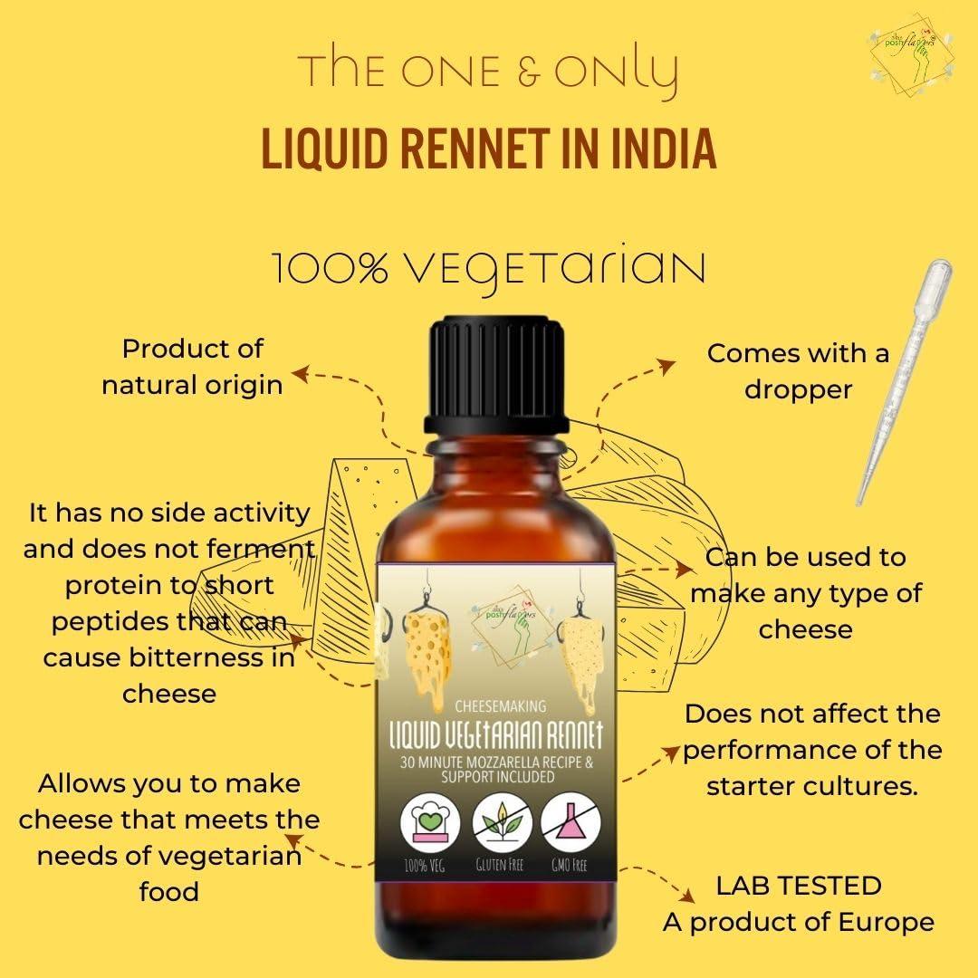 Alla's Posh Flavors Alla\'s Posh Flavors Cheesemaking Liquid Veg Rennet | 100% VEG | Make Mozzarella & Burrata starting from 1 Litre Milk | 3 drops per liter | 5 ml Plastic Dropper Bottle | Lab Tested (30ml)