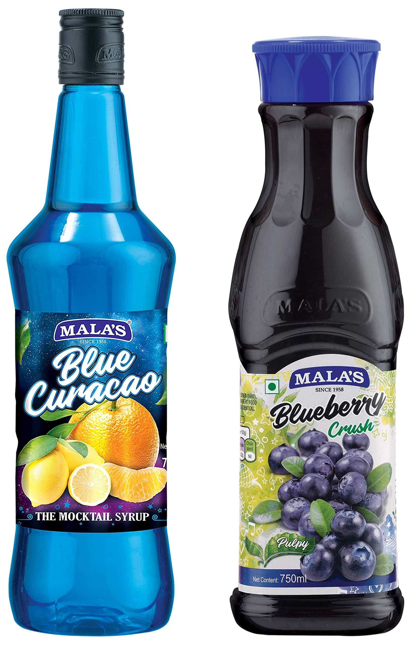 Mala's Mala's Fruit Mocktail Syrup, Blue Curacao Mocktail, 750ml & Blue Berry Crush, 750 millilitre