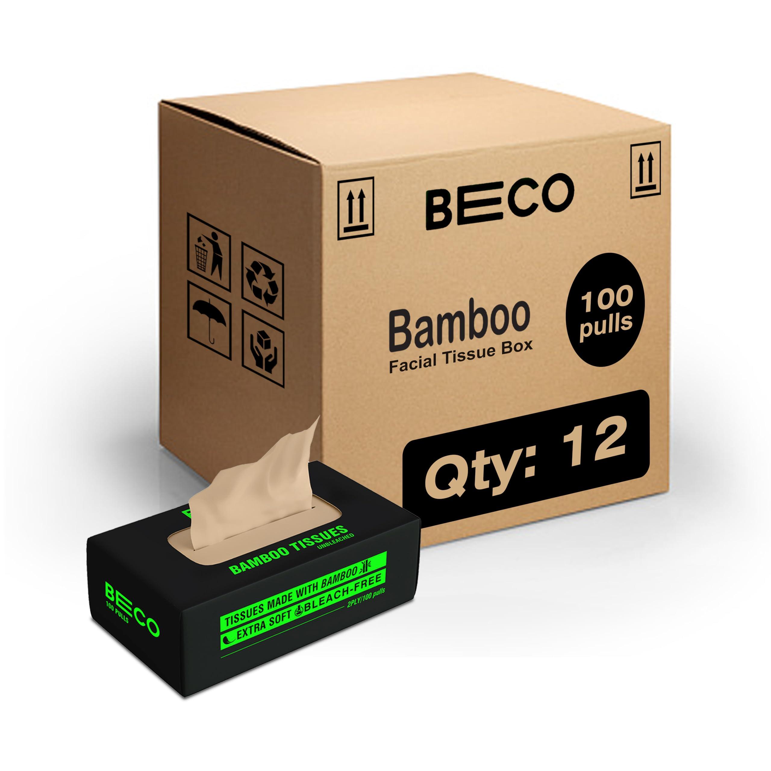 Beco Beco Bamboo Super Soft 2-ply Car Tissue Box| Facial Tissue-100 pulls x 12 Packs (1200 Pulls) | 100% Natural & Ecofriendly