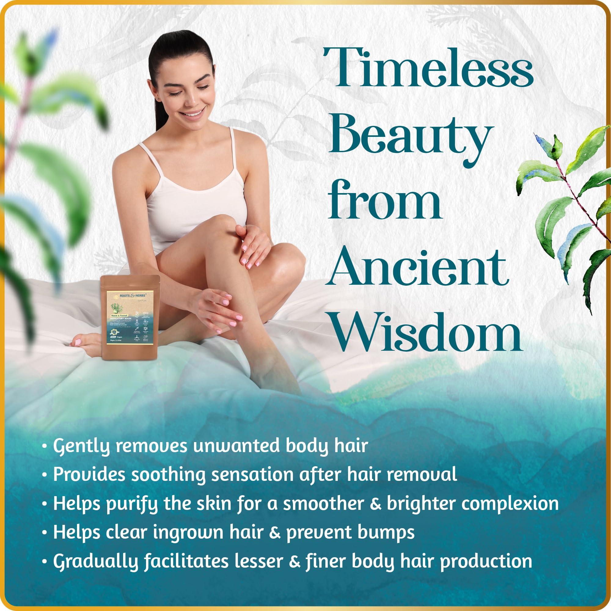 ROOTS AND HERBS ROOTS AND HERBS Vegan Hair Removal - Neem and Fennel Depilatory Mask - Men and Women's Facial Hair Removal for sensitive skin, Organic Hair remover, Pubic, Bikini, Leg Mask, Powder Waxing (7.05 Ounce)