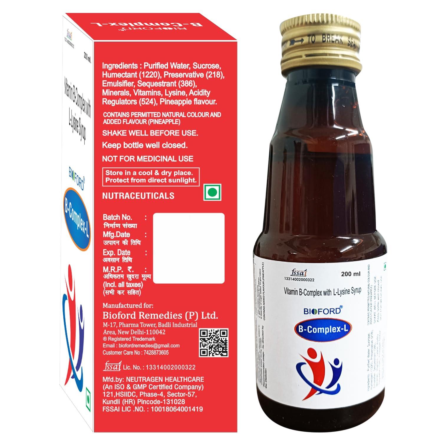 Bioford Bioford B-Complex-L Vitamin B-Complex with L-Lysine Syrup 200ML