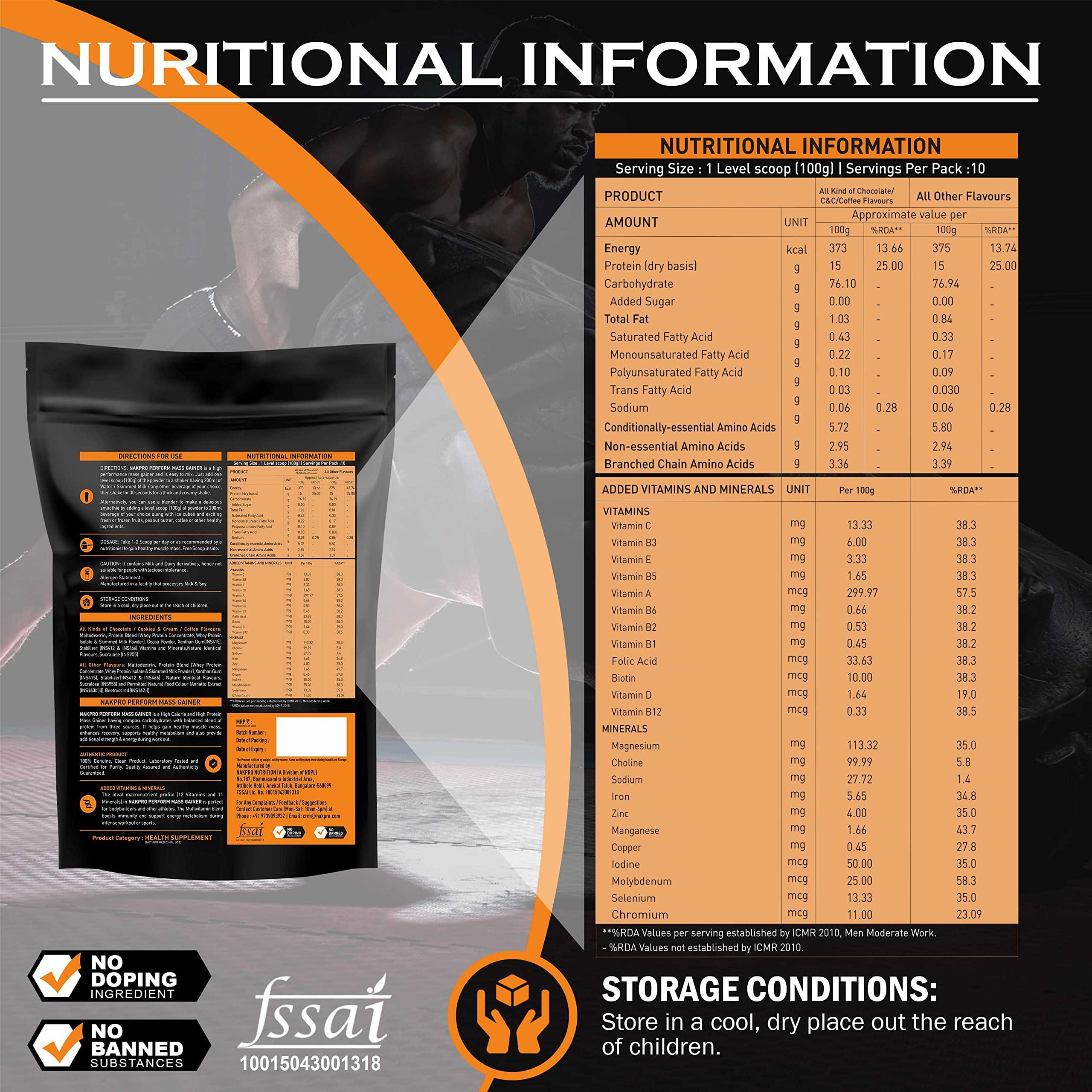 NAKPRO NAKPRO PERFORM MASS GAINER | High Protein & High Calorie | 15g Protein, 3.3g BCAA | Added Vitamins & Minerals | Easy Mixing, Easy Digesting Mass Gainer Powder for Men & Women | 1 Kg Vanilla Flavour (10 Servings)