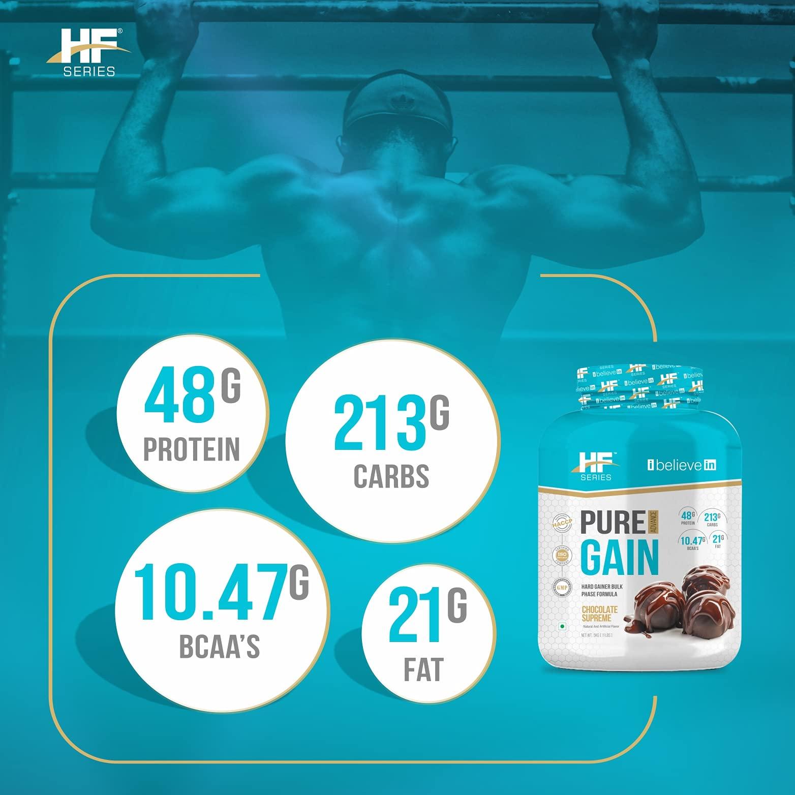 HF Series HF Series Pure Gain Mass Gainer Powder | High-Calorie | Weight Gainer Powder | 48g Protein | 11.01g BCAAs | 8.66g Glutamic Acid | Chocolate Supreme | 3kg / 6.6lbs