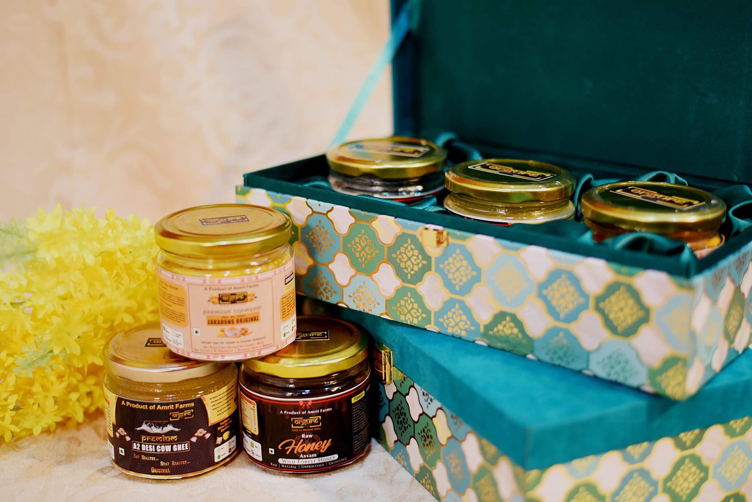 ORGURE Orgure Organic & Healthy Gift Hamper | A2 Desi Bilona Ghee | Raw Wild Forest Honey from Meghalaya | Lakadong Original Turmeric | Natural | Unprocessed | Immunity Booster (Mini)