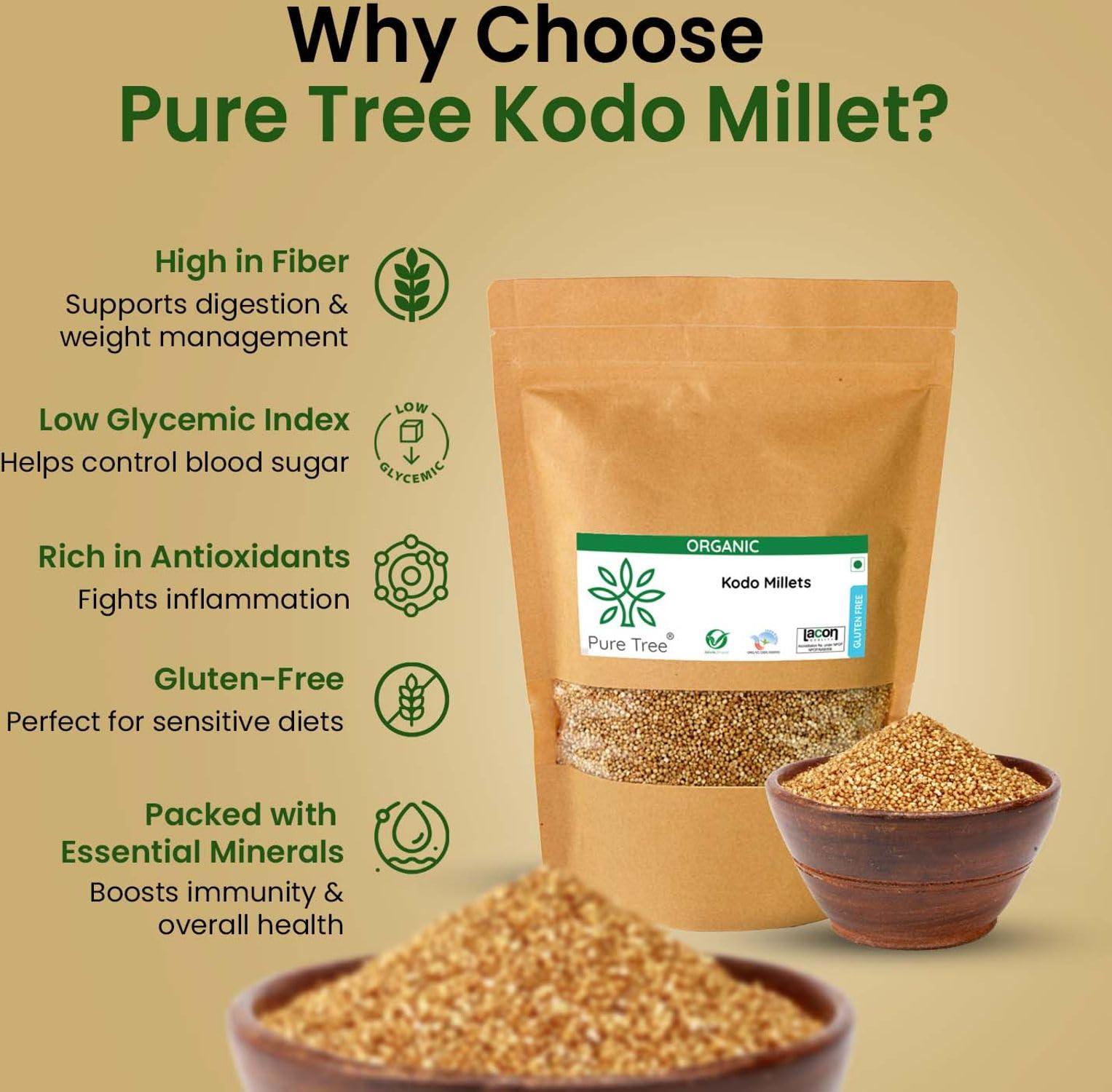 Pure Tree Pure Tree Certified Organic Kodo Millet | 900 g | Kodo Millet Arikelu Organic Millets | Cow Grass Gluten-Free Kodra Millet | Millet Rice Unpolished Millets For Upma, Dosa