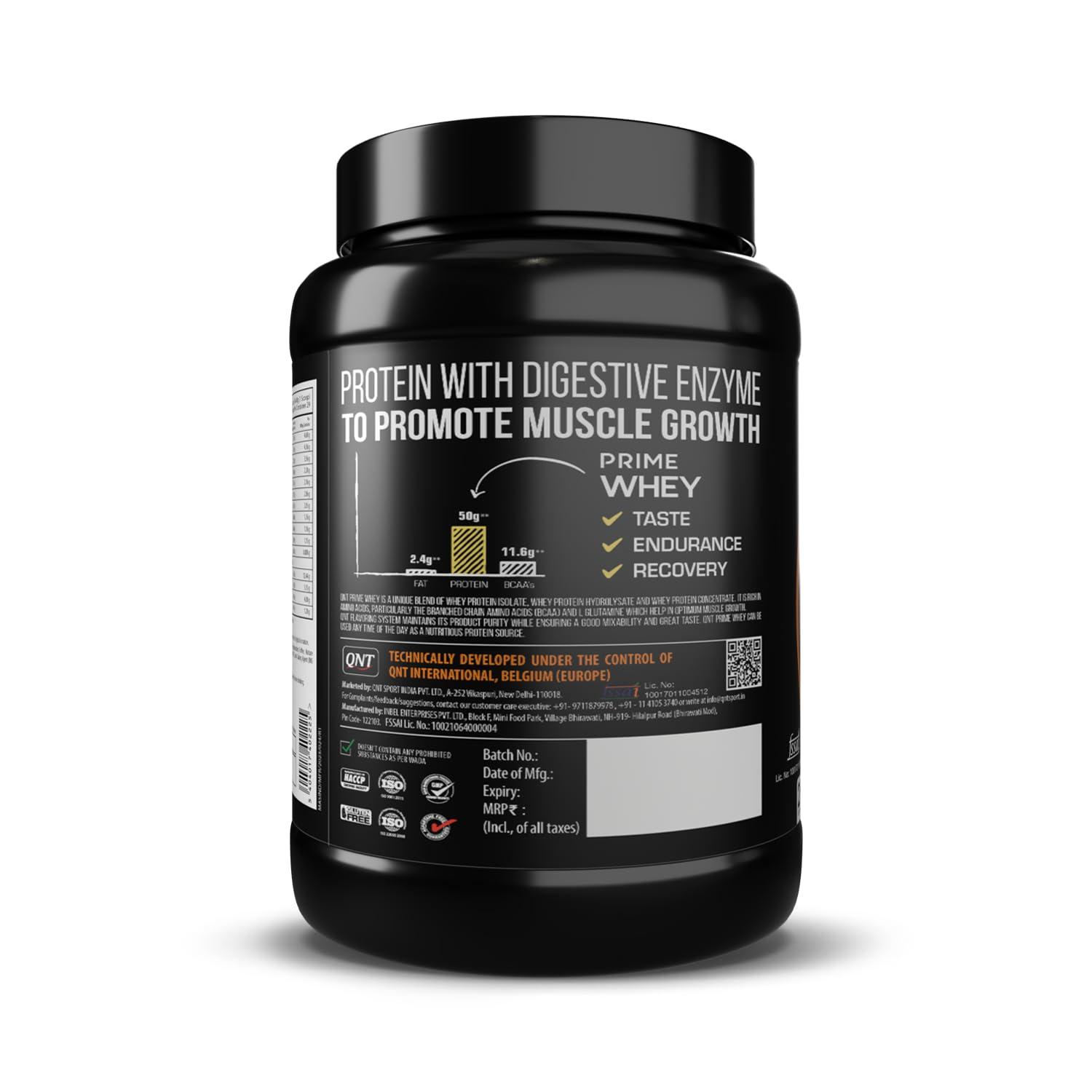QNT QNT Prime Whey Protein Powder | Coffee, 1Kg | Triple Blend of Whey Protein Isolate, Concentrate & hydrolysate | 25g Whey Protein for Muscle Building | 5.8g BCAA for Muscle Recovery