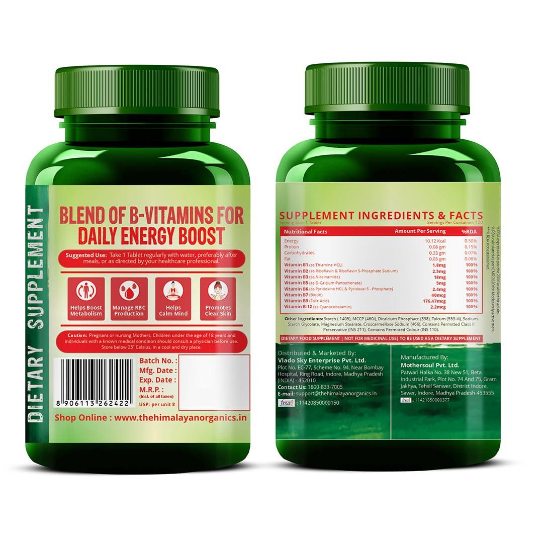 HIMALAYAN ORGANICS Himalayan Organics Vitamin B Complex with 100% RDA B1, B2, B3, B5, B6, B7, B9 & B12 | Hair Growth, Energy & Immunity | Youthful Skin - 120 Veg Tablets